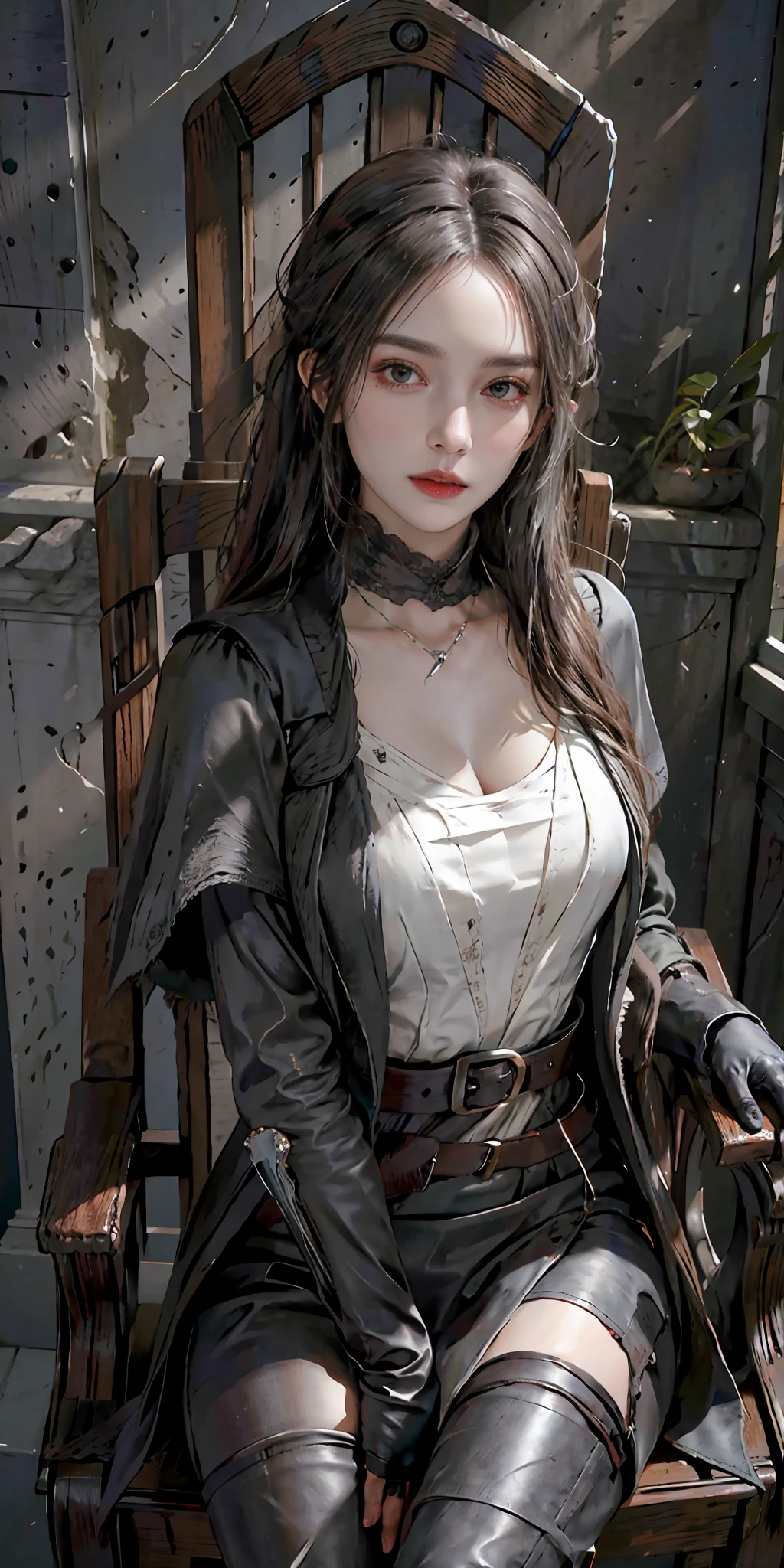 photorealistic, high resolution, soft light,1women, solo, hips up, look at viewer, (detailed face), white hair, edgBB, torn clothes, coat, vambraces, black capelet, capelet, hunter (bloodborne), black gloves, arms at sides, tricorn, belt, woman wearing edgBB_outfit, gothic church, sitting on chair, jewelry