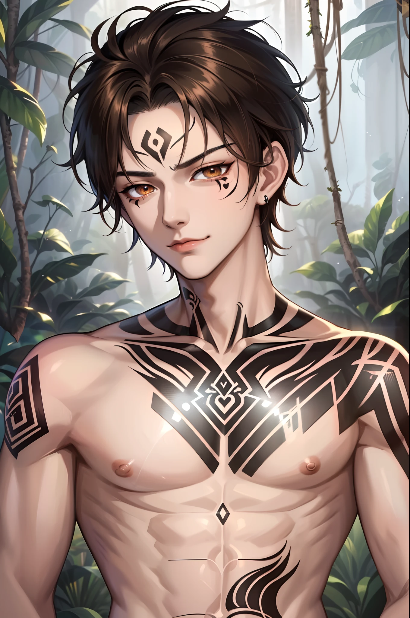 Masterpiece, best quality, high quality, close up, solo anime portrait,1boy, handsome male, (Shirtless male with abs and pecs:1.5), (Black Tribe tattoos on his body:1.7), (Jungle scenery:1.6), (dark side swept brown hair:1.4), he is stunning and super handsome, god like appearance, `(gradient_hazel_eyes:1.4), masculine, handsome, sexy, hot, abs, pecs, detailed background, SLE, mksks style, effeminate, JRPG art, trending on caravaggio, intrinsicated and detailed smug, looking at camera, face focus, highly-detailed, top lightning, trending on pixiv, HD digital, 32k, vibrant colors,