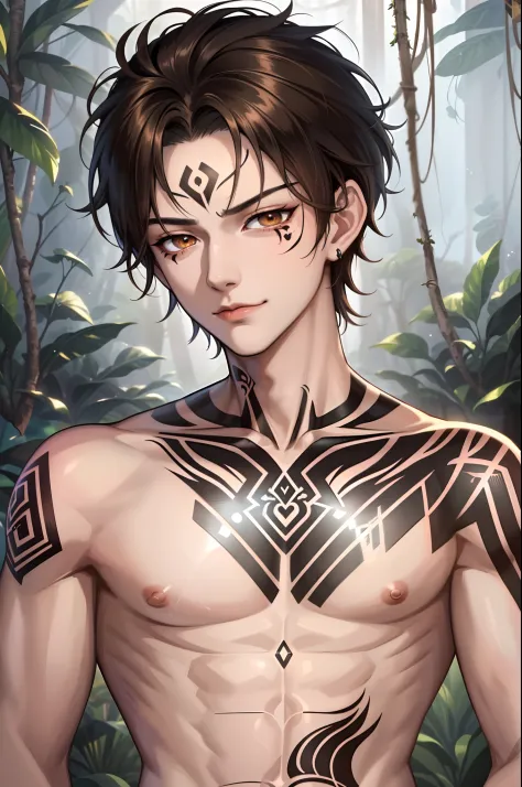Masterpiece, best quality, high quality, close up, solo anime portrait,1boy, handsome male, (Shirtless male with abs and pecs:1....