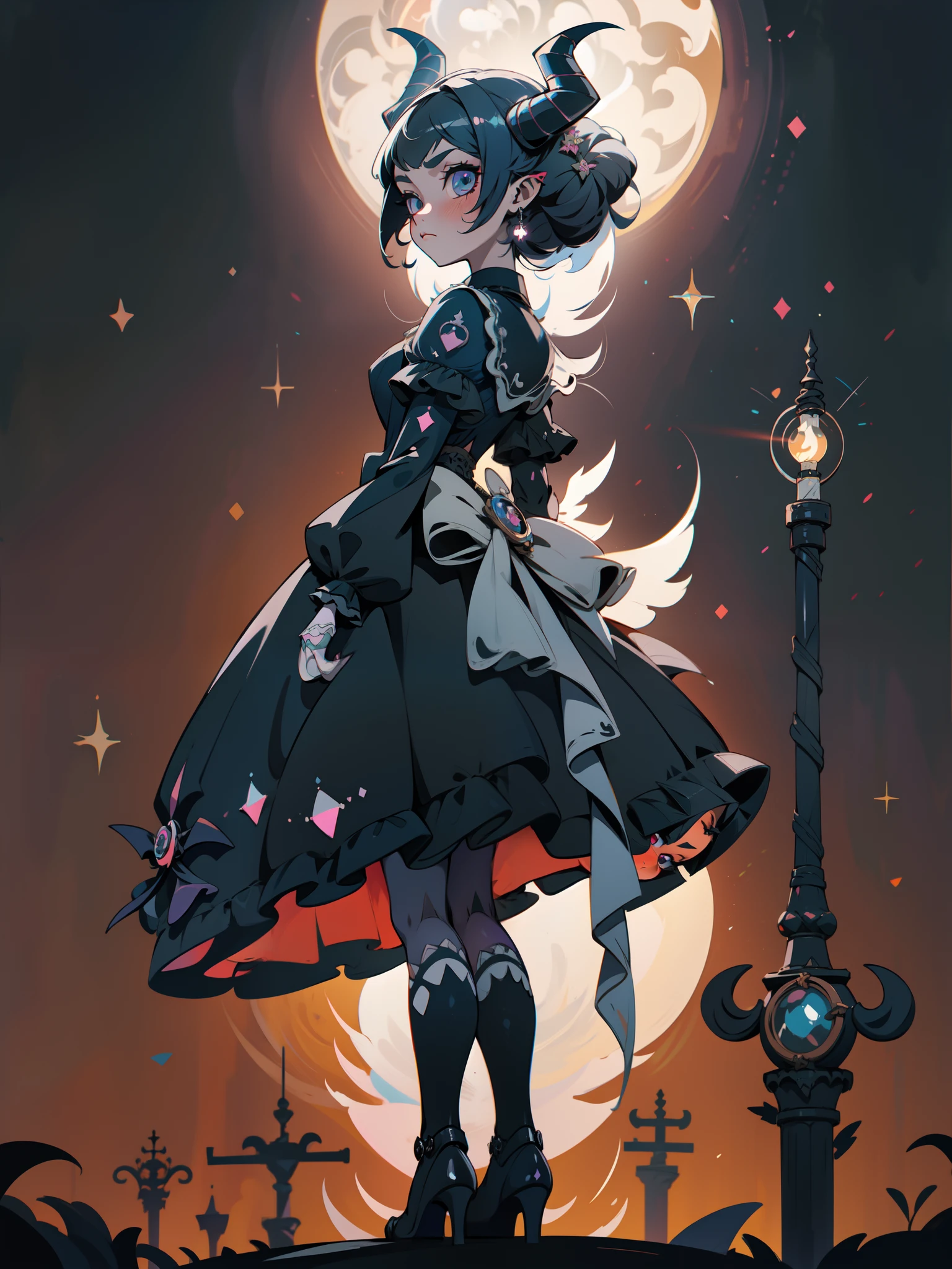 une femme vêtue d&#39;une robe noire tenant une épée, avec des cornes noires, avec des cornes démoniaques, Cosplay de fille d&#39;anime, Robe gothique noire Lolita, style fantastique sombre, Fille d&#39;anime de jeune fille gothique, mode lolita gothique victorien, porter des vêtements gothiques modernes, ange chevalier fille gothique, cosplay animé, style de fille magique, Kerli Koiv comme Anime Girl, Cosplay glamour et élégant, Fille anime dans une robe noire, lumière derrière lui, Veilleuse par derrière, brouillard autour, lumières cinématographiques, UHD, HD, Haute qualité, 8k, 16k, (((chef-d&#39;œuvre))), Yeux très détaillés, regarde le spectateur, regard provocant