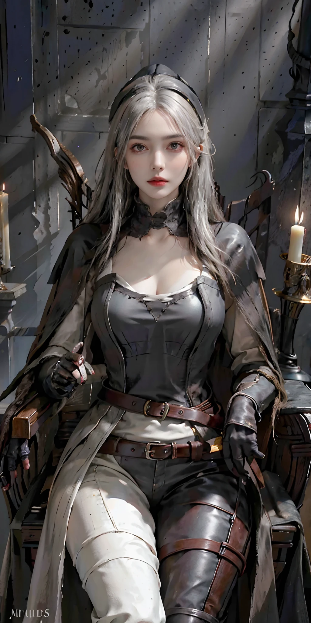 photorealistic, high resolution, soft light,1women, solo, hips up, look at viewer, (detailed face), white hair, edgBB, torn clothes, coat, vambraces, black capelet, capelet, hunter (bloodborne), black gloves, arms at sides, tricorn hat, belt, woman wearing edgBB_outfit, dark room, candles, sitting on throne, jewelry