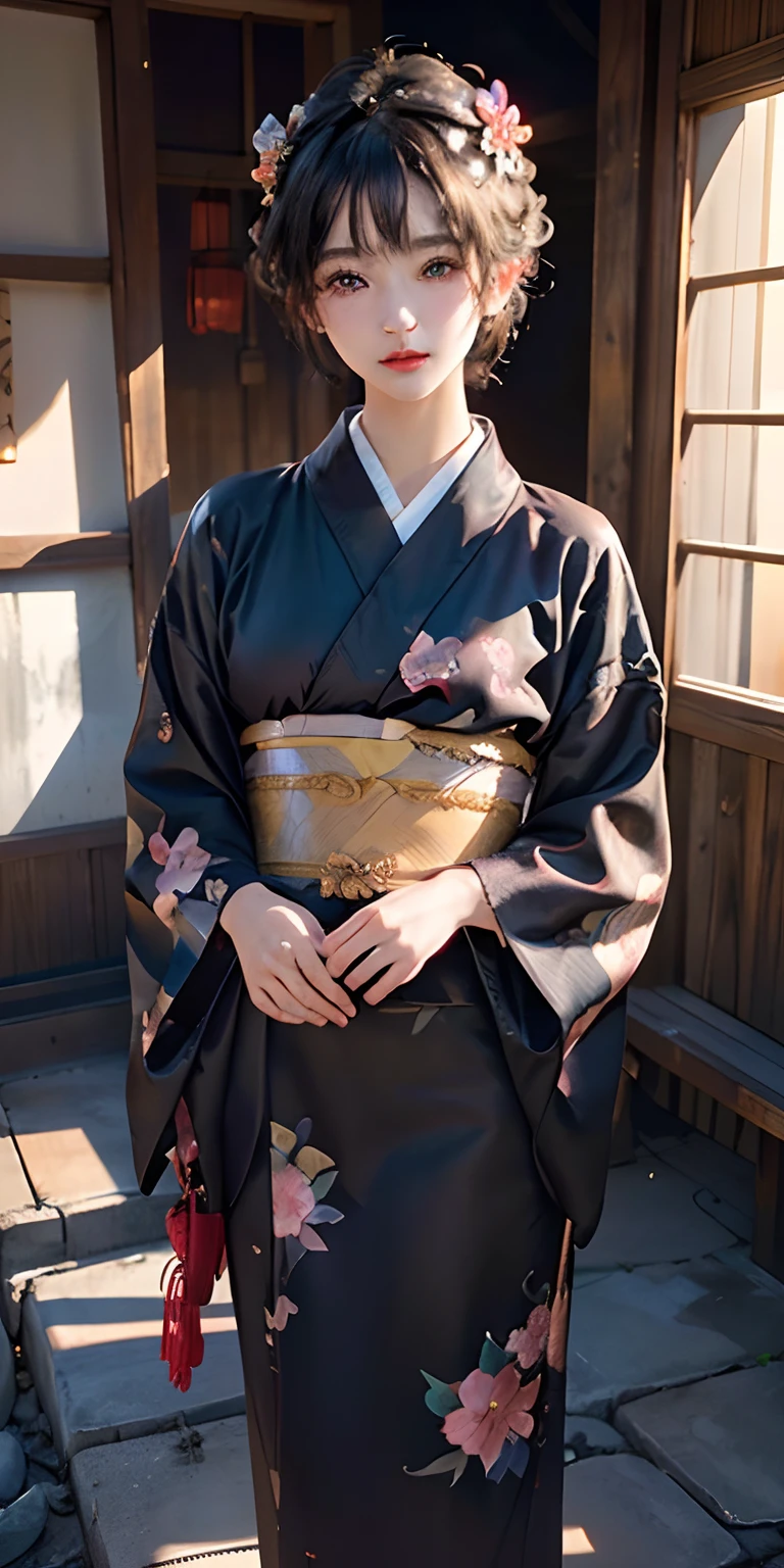 (Black kimono:1.2)、(komono:1.2)、(with floral pattern)、(long-sleeve)、1 ...
