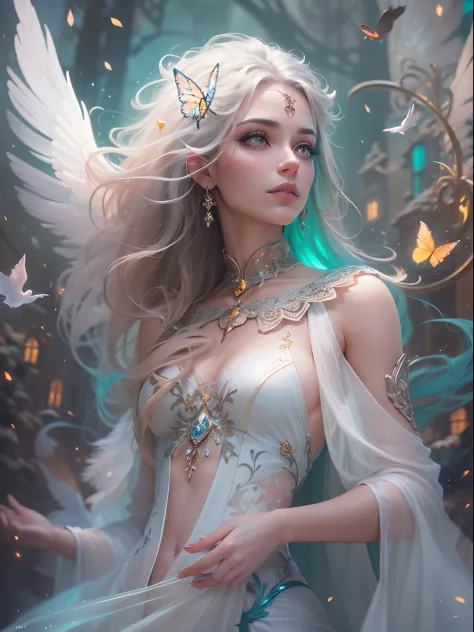 Generate a pretty and realistic fantasy artwork with bold jewel-toned hues and pretty glitter and shimmer. Generate a luminous and petite woman with curly hair, metallic hair, and realistically textured hair. Her skin is pure white and seems to glow in the...