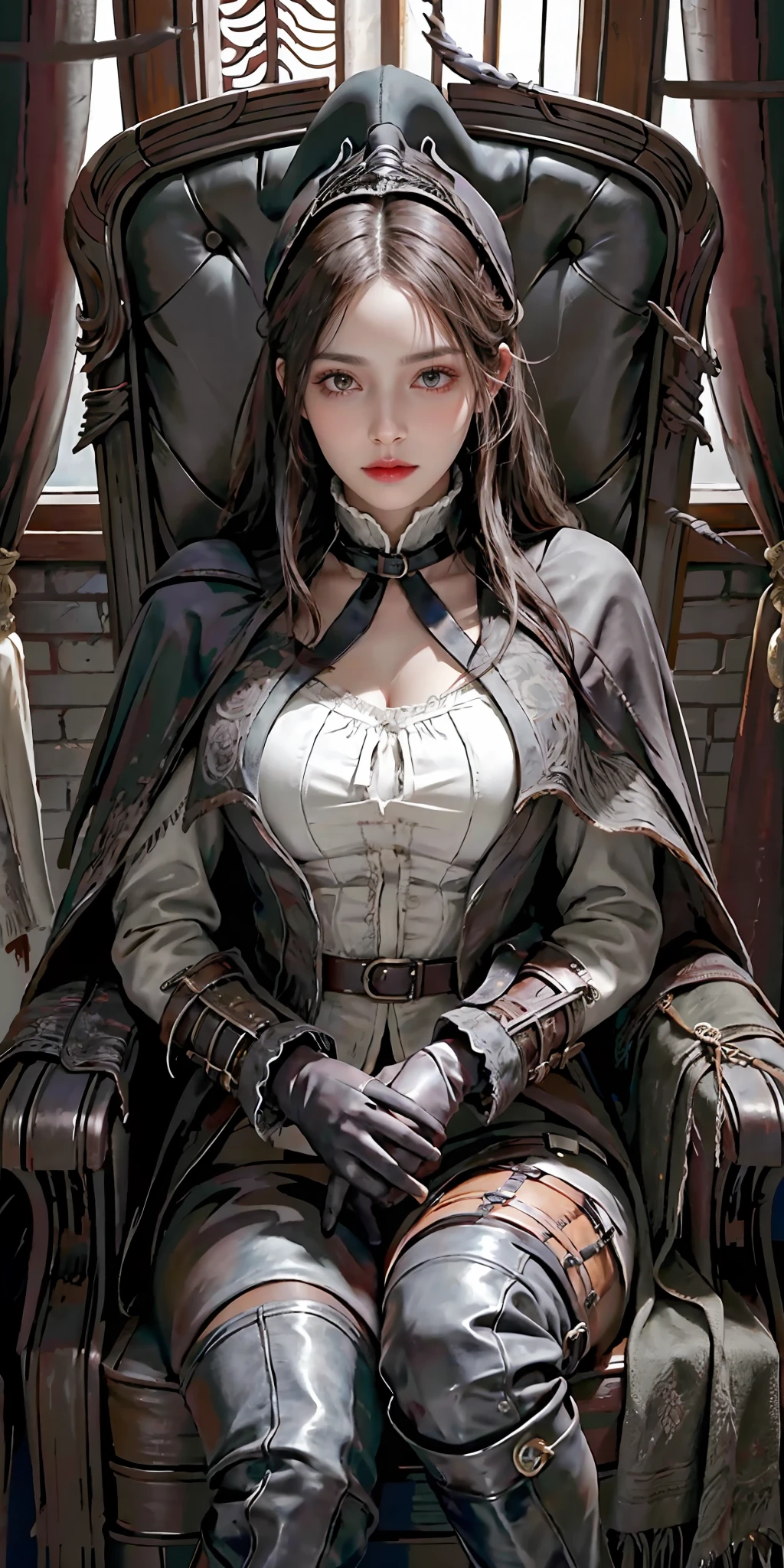 photorealistic, high resolution, soft light,1women, solo, hips up, look at viewer, (detailed face), white hair, edgBB, torn clothes, coat, vambraces, bloody neckcloth, black capelet, capelet, hunter (bloodborne), black gloves, arms at sides, tricorn hat, belt, woman wearing edgBB_outfit, dark , candles, sitting on throne, jewelry