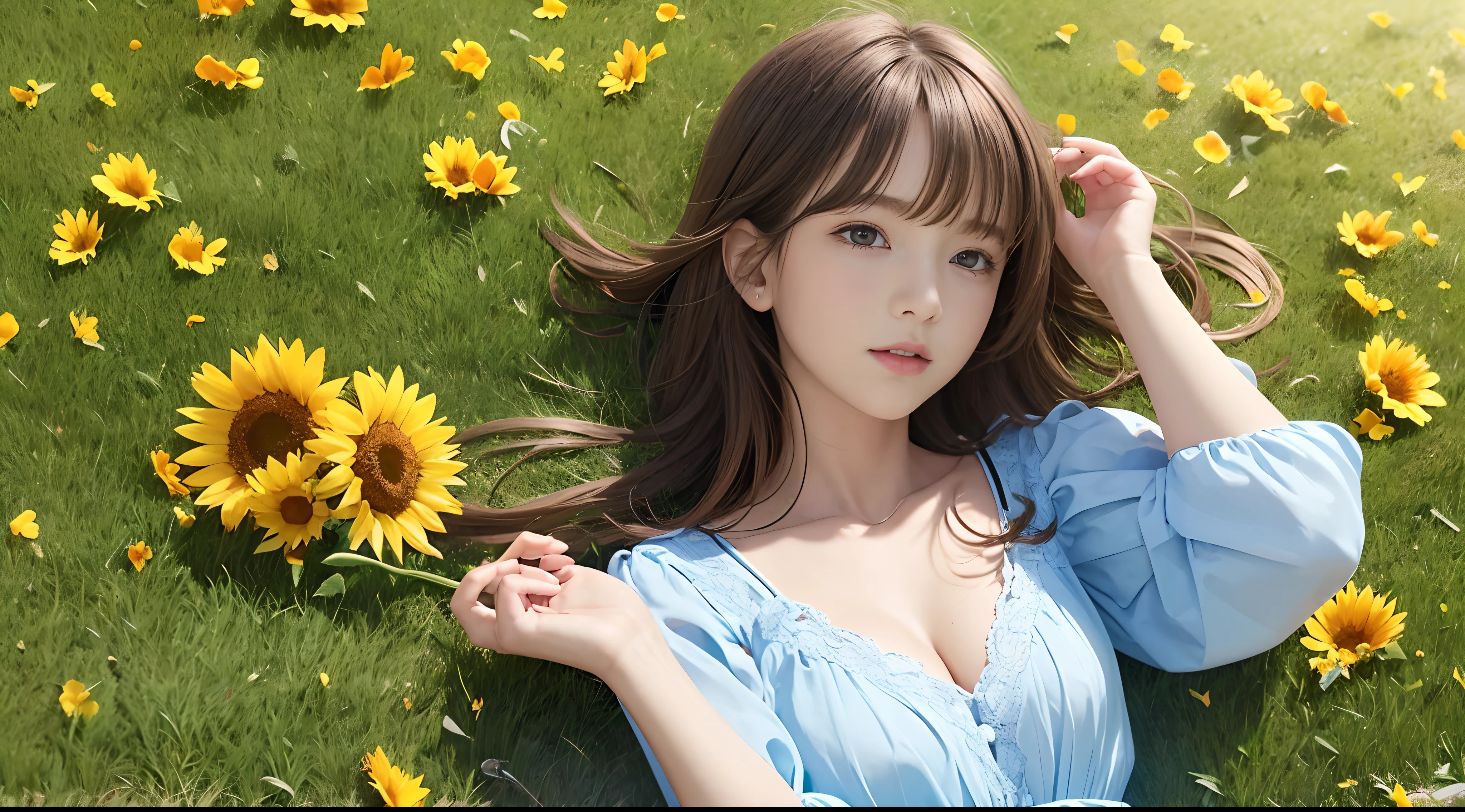 (flowers), (lying on the grass:1.5), sunflower, cloud, sky, field, flower_field, day, blue_sky, dress, flower, cloudy_sky, messy long hair, yellow_flower, solo, outdoors, orange_flower, long_sleeves, autumn, flowers, cleavage,sweet smile busty girl,