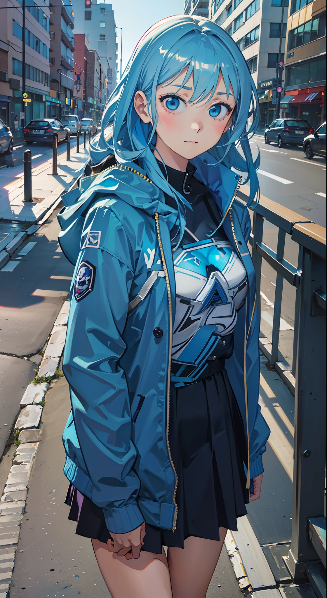 Anime-Frau mit blauen Haaren, trage eine glänzende ozeanblaue Adidas-Jacke, in der Stadt, viele Gebäude hinter ihr, Nacht, Lichter der Stadt, Dynamisches Licht, Nahaufnahme