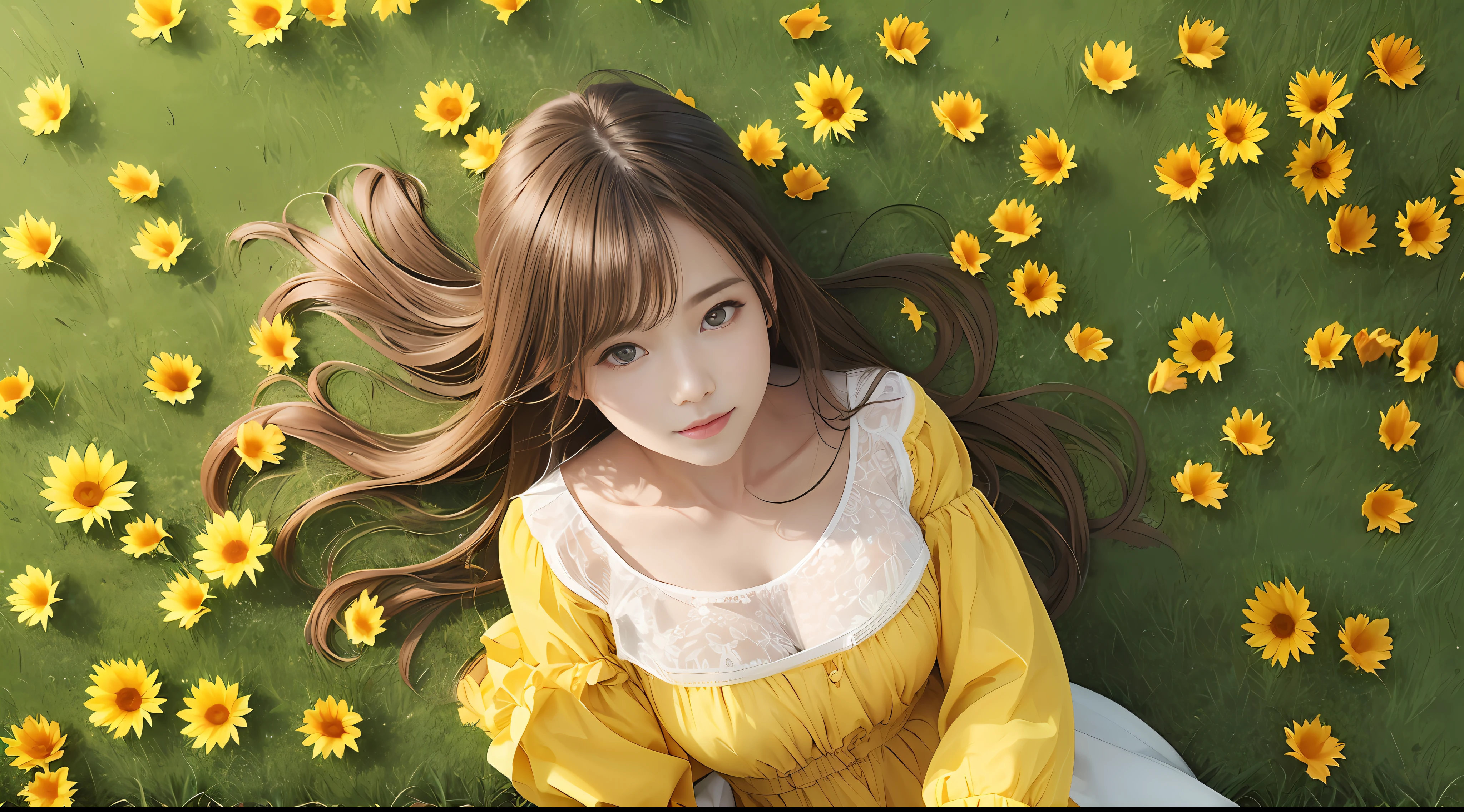 (flowers), (laying on the grass:1.5), sunflower, cloud, sky, field, flower_field, day, blue_sky, dress, flower, cloudy_sky, messy long hair, yellow_flower, solo, outdoors, orange_flower, long_sleeves, autumn, flowers, cleavage,sweet smile busty girl,