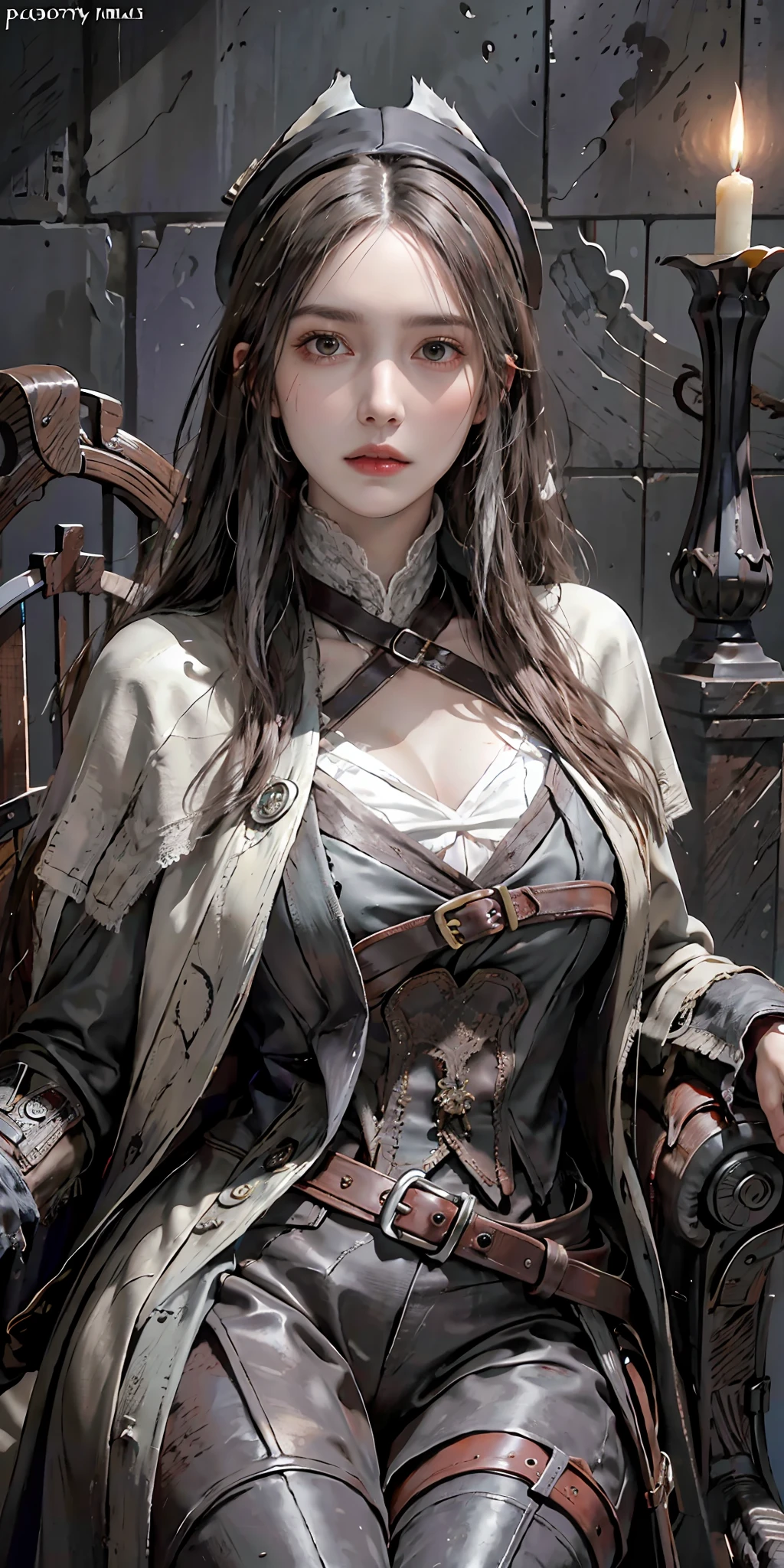 photorealistic, high resolution, soft light,1women, solo, hips up, look at viewer, (detailed face), white hair, edgBB, lady maria, torn clothes, coat, vambraces, bloody neckcloth, black capelet, capelet, hunter (bloodborne), black gloves, arms at sides, tricorn hat, belt, woman wearing edgBB_outfit, dark, candles, sitting on throne, jewelry