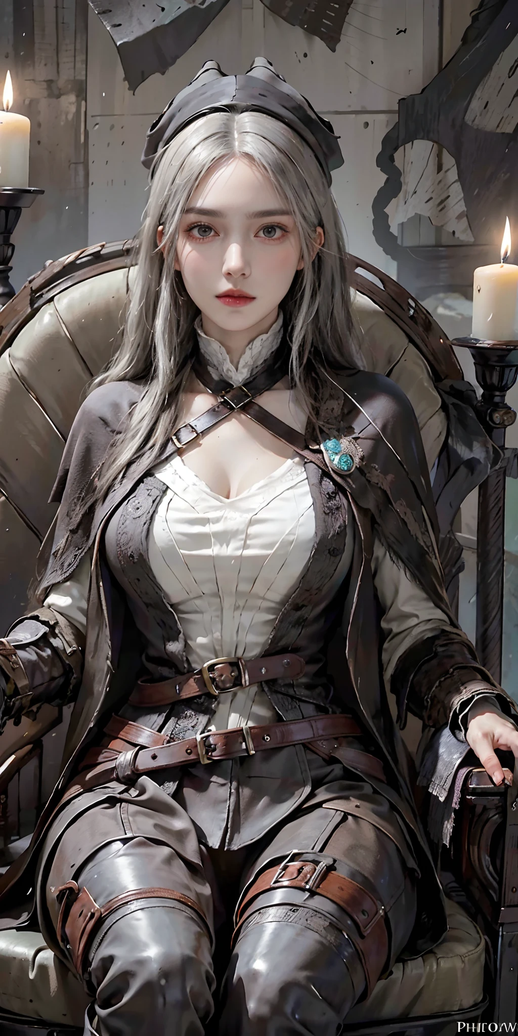 photorealistic, high resolution, soft light,1women, solo, hips up, look at viewer, (detailed face), white hair, edgBB, lady maria, torn clothes, coat, vambraces, bloody neckcloth, black capelet, capelet, hunter (bloodborne), black gloves, arms at sides, tricorn hat, belt, woman wearing edgBB_outfit, dark, candles, sitting on throne, jewelry