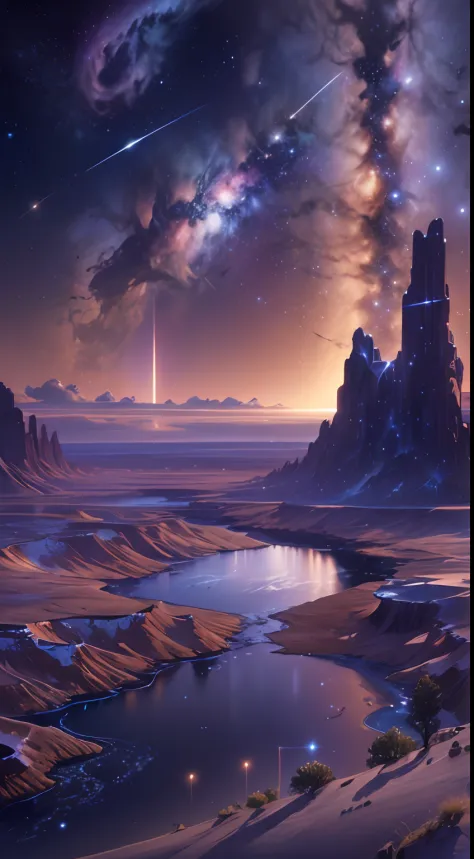 ((8K)) Starry sky with rivers and distant milky ways, galactic landscape, epic beautiful space scifi, cosmos sem fim no fundo, high detailed digital art, Space landscape，stellar，comets，Pillars of Creation，moons