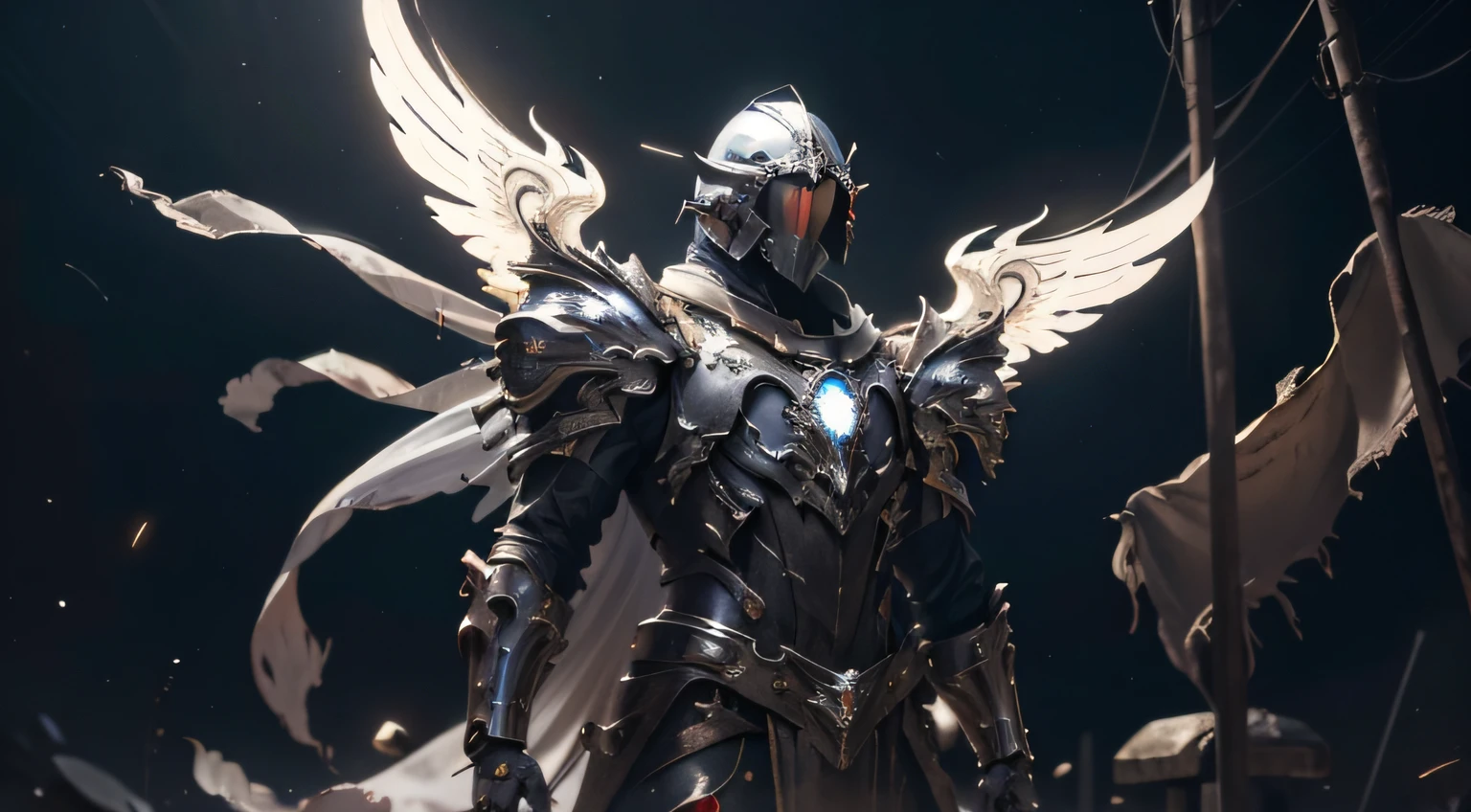 um mech, Cabelo longo prateado-branco rabo de cavalo e cintura, V-shaped mechanical helmet, olhos de capacete com luz vermelha, vestindo um terno mech sexy preto, red torn cloak swaying in the wind, white glowing six-winged mechanical wings, uma espada larga amarela brilhante com efeito de luz vermelha, noite, Chuva, A destroyed cyberspace in the apocalypse, realista, melhor qualidade de imagem, highest definition and clarity, Original, surrealismo, High detail, Futurismo, Action painting, Chiaroscuro, Cinematic lighting, ray tracing, luz refletida, cowboy shot, Close-up, desenho de postura de batalha, Camadas, luz suave,