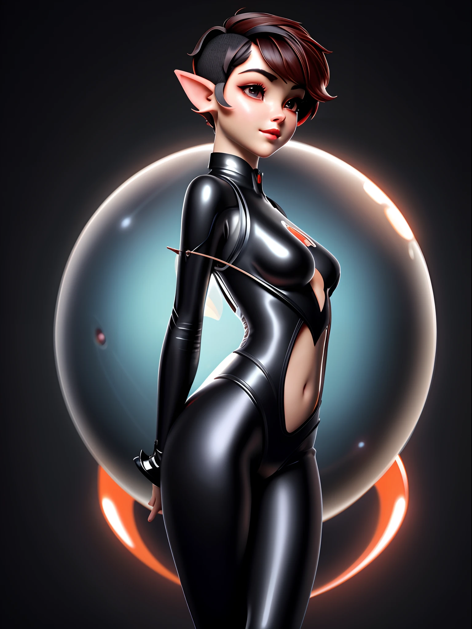 A woman in a black latex outfit with a glowing orb behind her - SeaArt AI