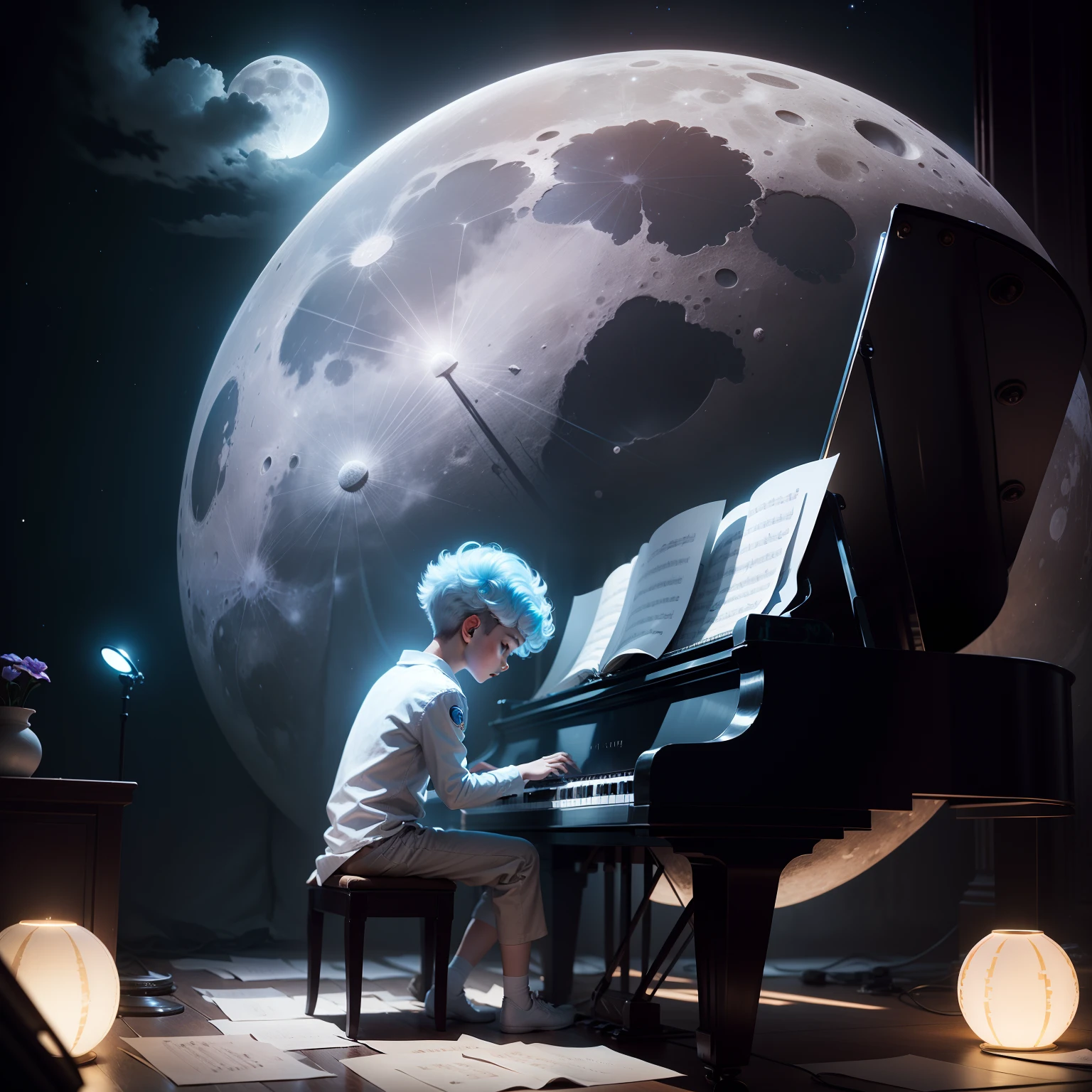 piano em frente a uma lua gigantepiano em frente a uma lua gigante  