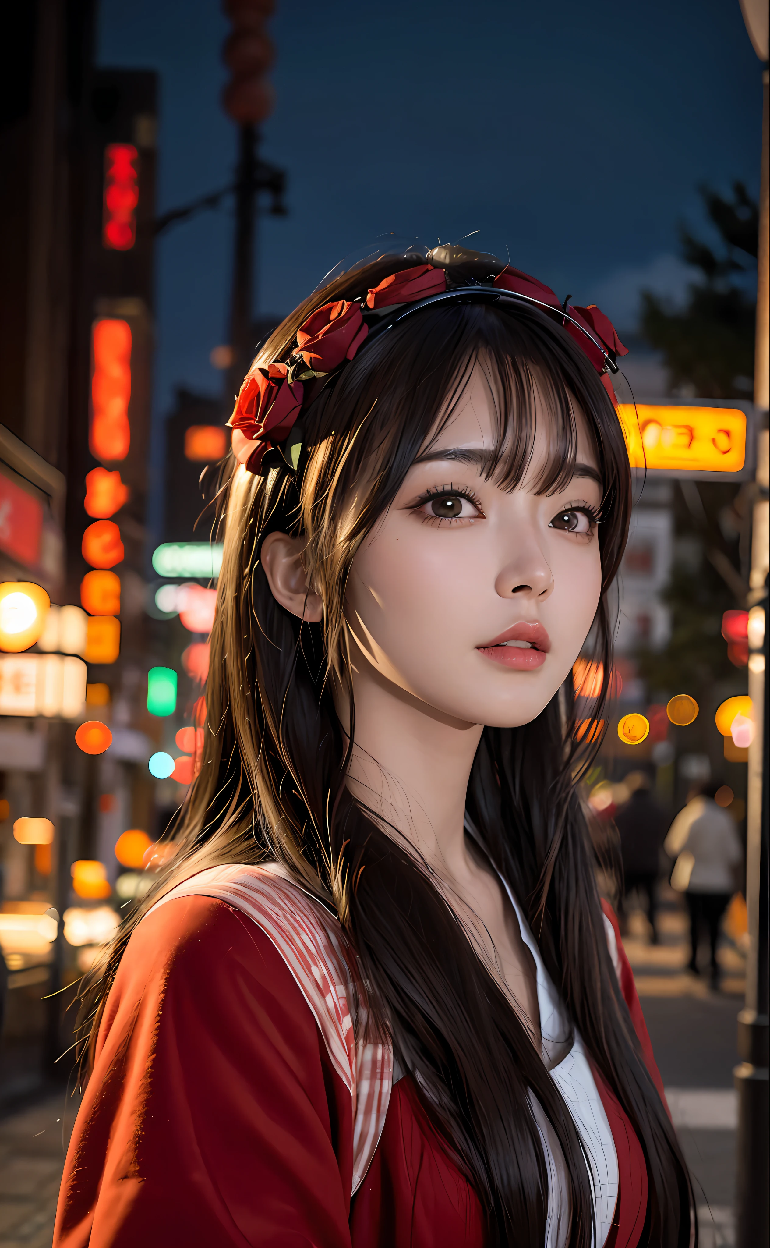 1girl, Tokyo street,night, cityscape,city lights, upper body,close-up, 8k, RAW photo, best quality, masterpiece,realistic, photo-realistic,headgear of red rose, parted bangs, long hair,