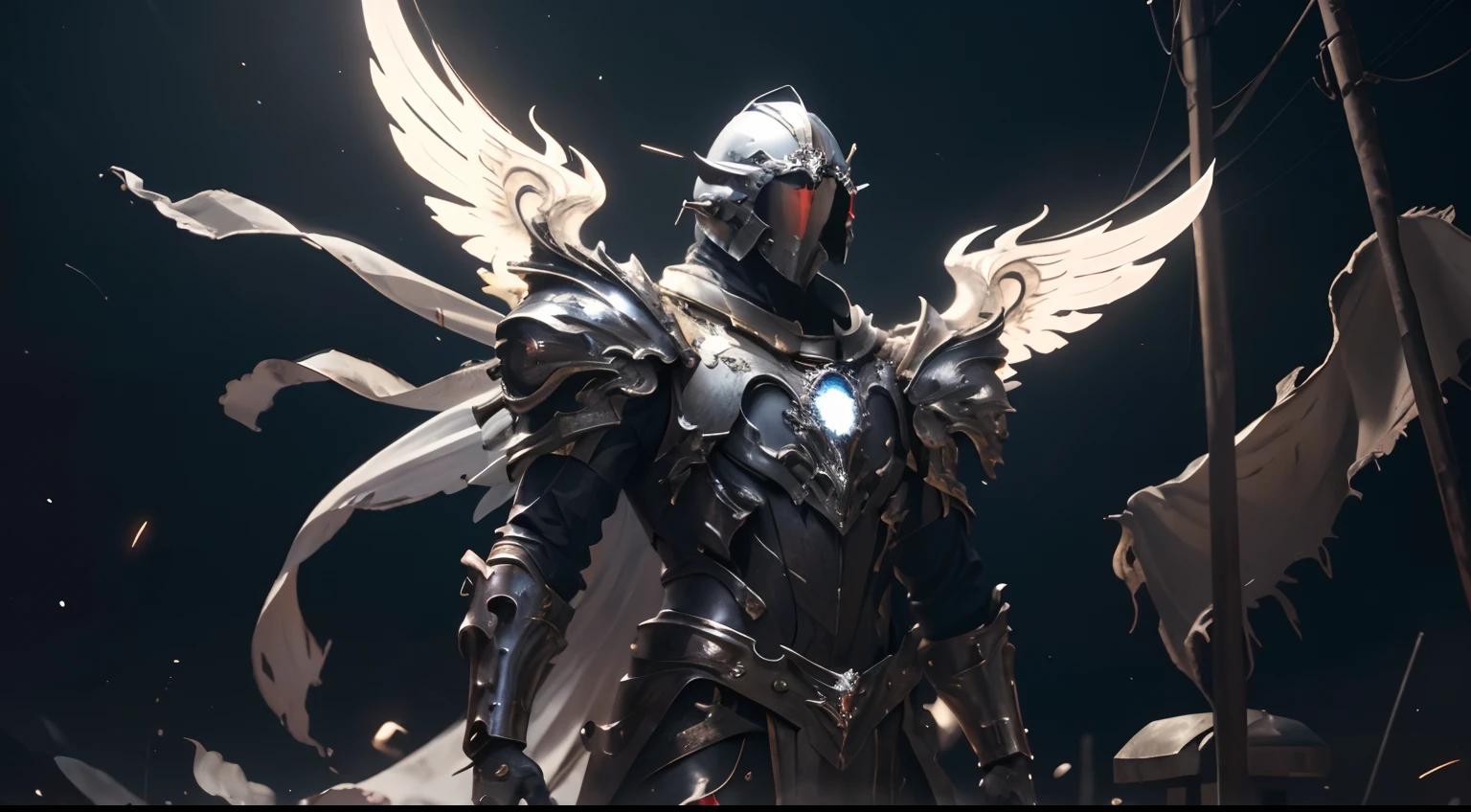 um mech, Cabelo longo prateado-branco rabo de cavalo e cintura, V-shaped mechanical helmet, olhos de capacete com luz vermelha, vestindo um terno mech sexy preto, red torn cloak swaying in the wind, white glowing six-winged mechanical wings, uma espada larga amarela brilhante com efeito de luz vermelha, noite, Chuva, A destroyed cyberspace in the apocalypse, realista, melhor qualidade de imagem, highest definition and clarity, Original, surrealismo, High detail, Futurismo, Action painting, Chiaroscuro, Cinematic lighting, ray tracing, luz refletida, cowboy shot, Close-up, desenho de postura de batalha, Camadas, luz suave,