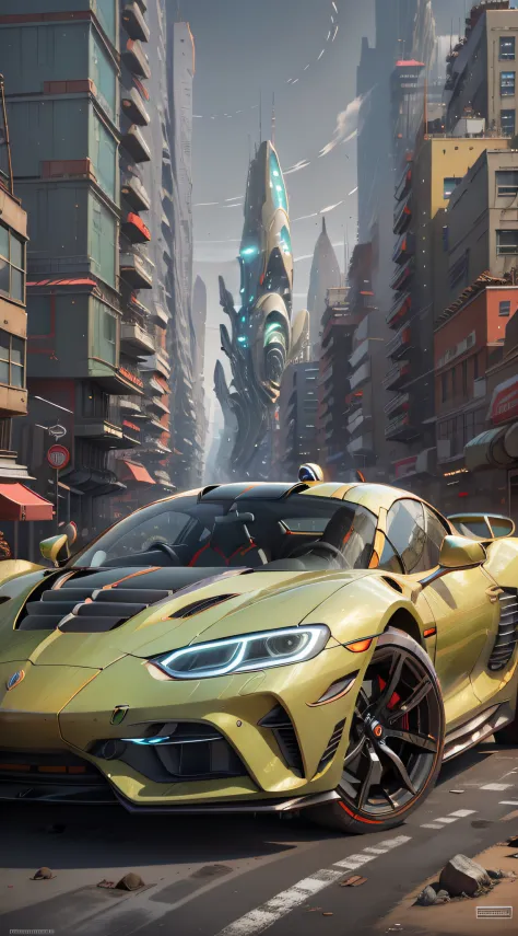 a futuristic sports car on the street of a futuristic city