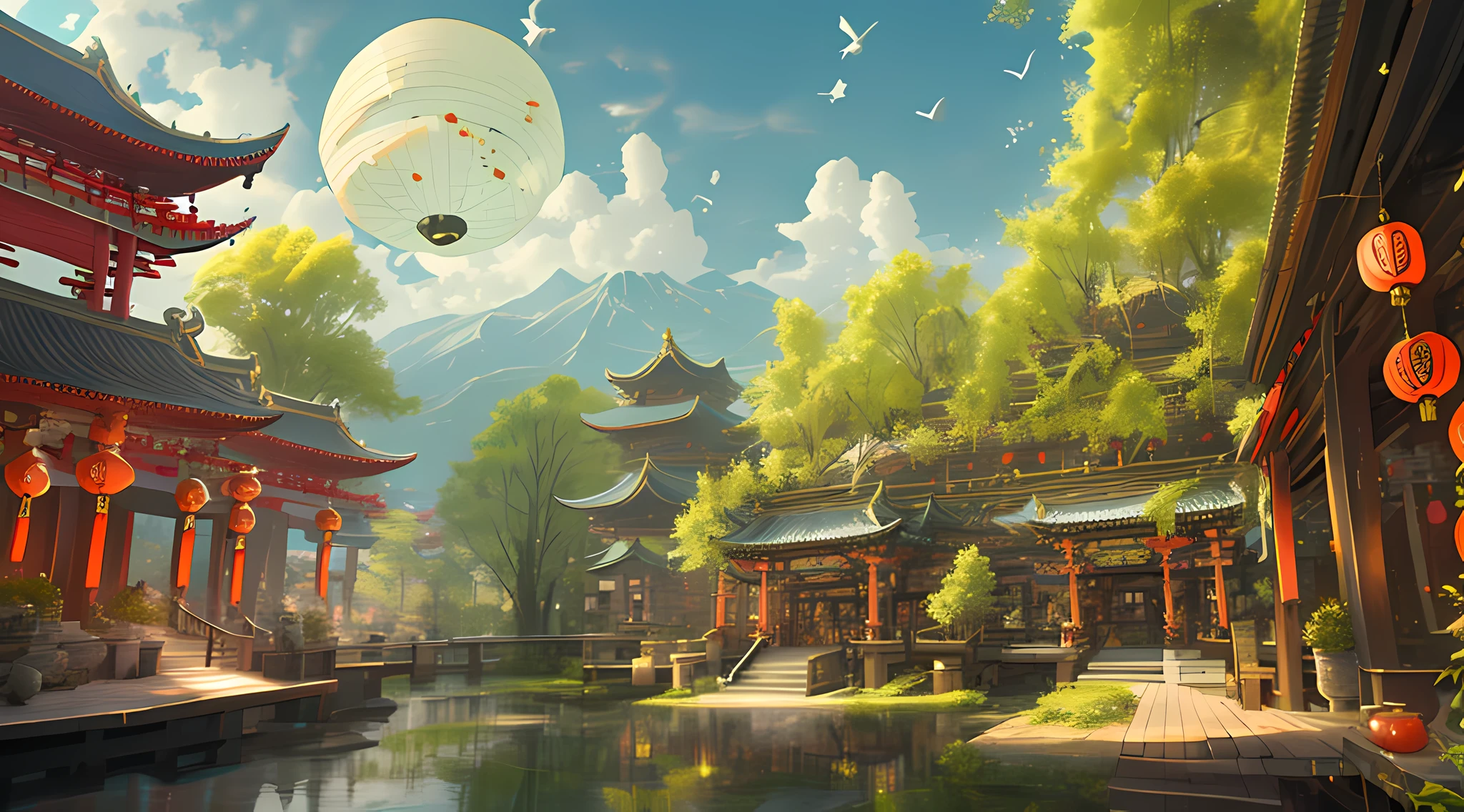 architecture, architecture est-asiatique, paysage, lanterne, pagode, En plein air, Ciel, lanterne de papiere, nuage, oiseau, bâtiment, arbre, debout, montagne, pont, holding, plusieurs filles, 6+garçons, jour, chef-d&#39;œuvre, Meilleure qualité,