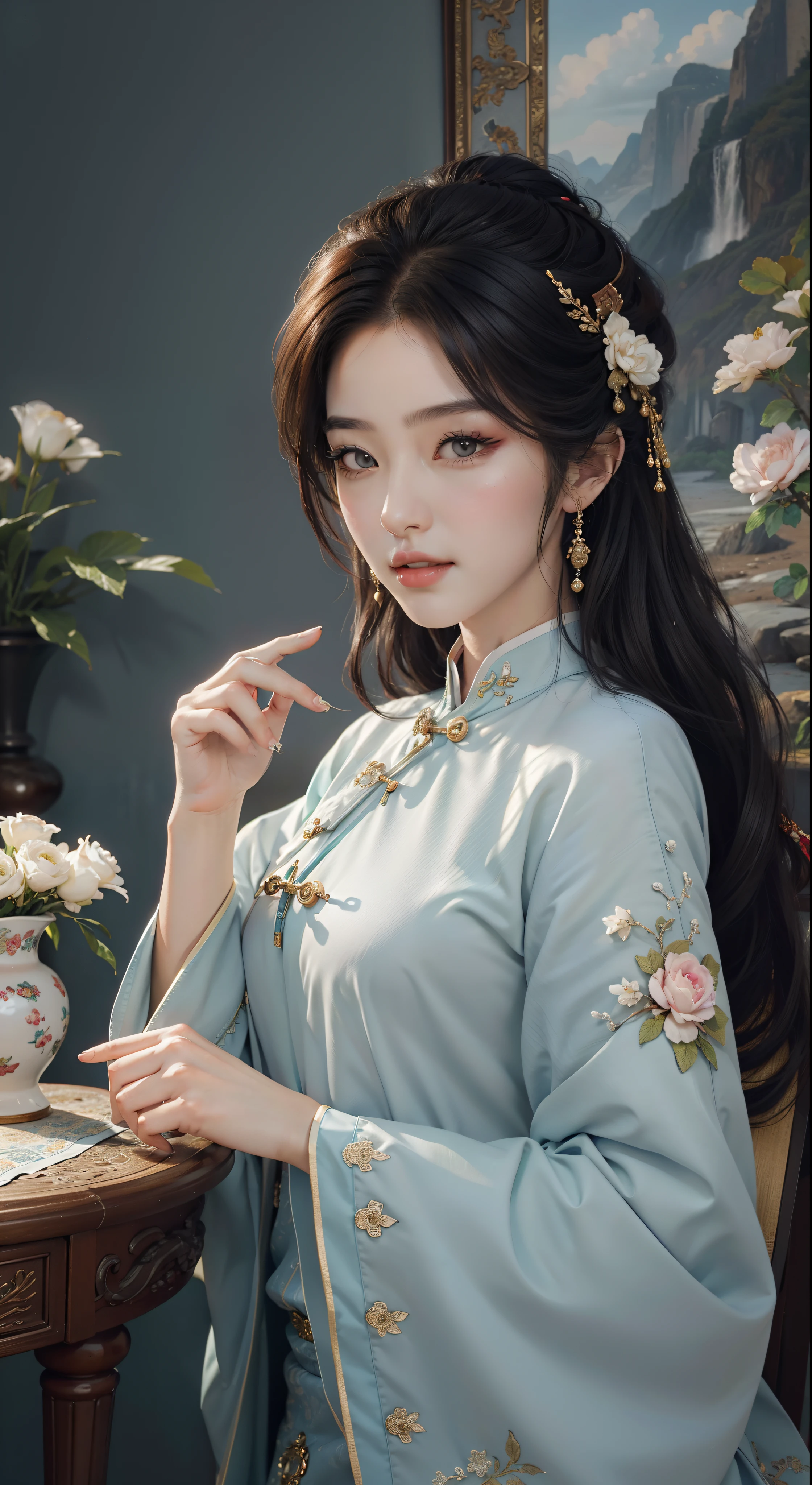 （tmasterpiece，Best quality at best，Beautiful quality，looking at viewert，Detailed lighting，Extremely detailed skin，Extremely detailed hair，Extremely detailed teeth，shadowing，8K：1.2），（photograph of a woman，1girll：1.2），cheongsam:0.8