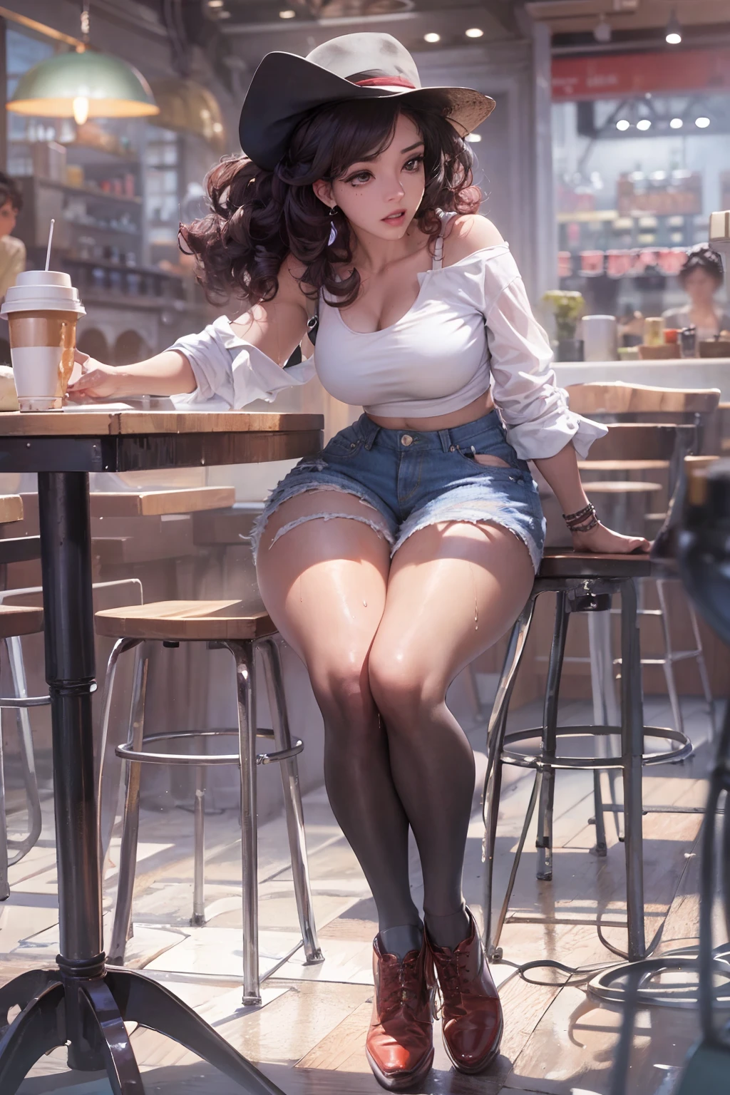 Black hair, 1girll, In the café, sit on chair, drinking a coffee, White neckline shirt, denim short, To the audience, Sit with your legs crossed, mediuml breasts, Thin waist and thick hips, juicy legs, perfect bodies, The weather is hot, Sweat, wet see through clothes, Red hair, Curly hair, Moles under eyes, Moaning, surrealism, Verism, Fuji colors, Cowboy shot, in a panoramic view, 8K, Super detail, Anatomically correct, hyper HD, hyper HD, Super detail, Masterpiece