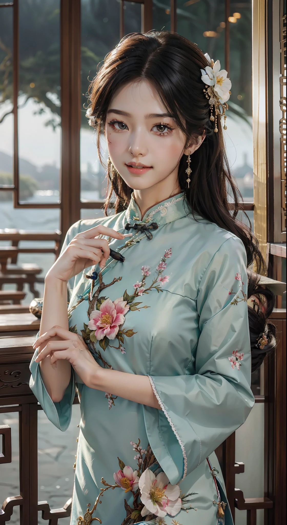 （tmasterpiece，Best quality at best，Beautiful quality，looking at viewert，Detailed lighting，Extremely detailed skin，Extremely detailed hair，Extremely detailed teeth，shadowing，8K：1.2），（photograph of a woman，1girll：1.2），cheongsam:1.2