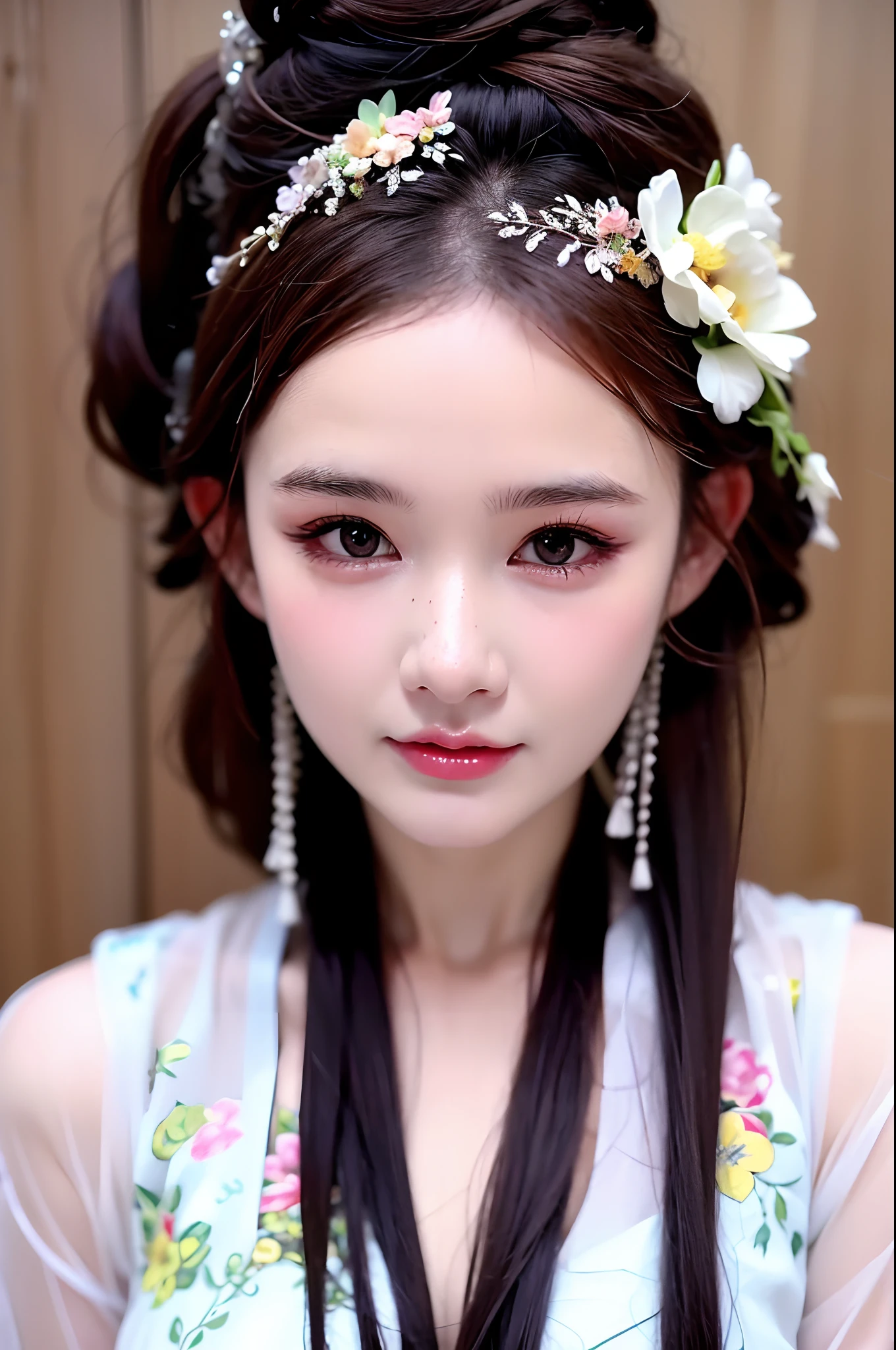 1 realistically beautiful girl, waist length hair, black eyes, ancient Ao Dai, style hanfu, wearing a thin silk shirt of ancient China, pink and smooth white skin, wearing a discreet ancient style ao dai, appears shoulders and head in the photo,cute little face, eye bags under wet makeup, plump red lips, pout, mouth shut, embarrassed, small face makeup detailed and very beautifull, The breasts are super round and tight, breast augmentation, blum , Cover the girl's chest with a camisole inside, blush, from front, wear earrings, necklaces, from above, looking at viewer, upturned eyes, full body, masterpiece, top quality, best quality, official art, unity 8k wallpaper, highres, ultra-high res, ultra-detailed, (photorealistic:1.2), alone, solo, Only 1 girl, style hanfu Dunhuang, 10x pixels, super realistic, ultra high quality, full body view of the girl, upper body,