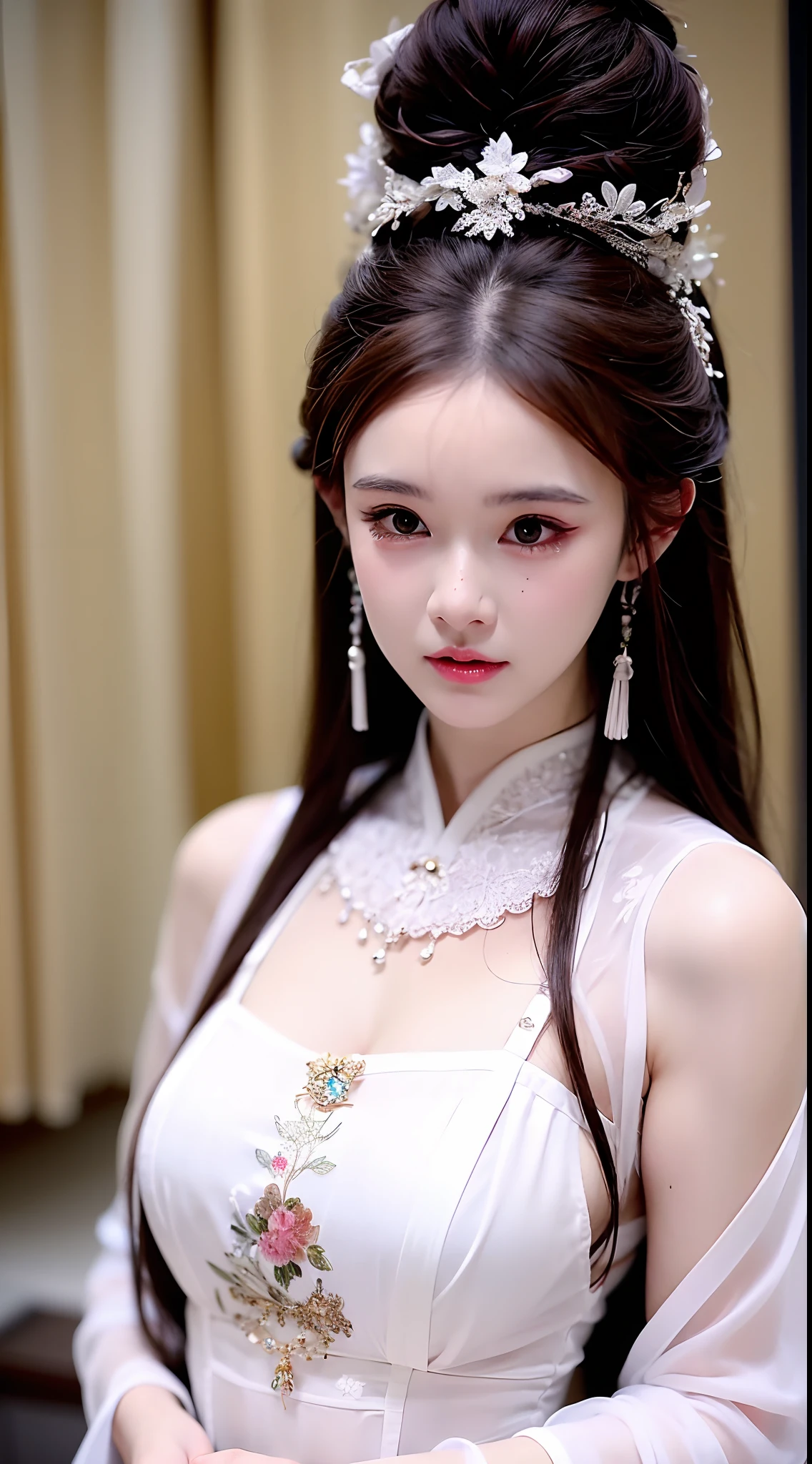 1 realistically beautiful girl, waist length hair, black eyes, ancient Ao Dai, style hanfu, wearing a thin silk shirt of ancient China, pink and smooth white skin, wearing a discreet ancient style ao dai, appears shoulders and head in the photo,cute little face, eye bags under wet makeup, plump red lips, pout, mouth shut, embarrassed, small face makeup detailed and very beautifull, The breasts are super round and tight, breast augmentation, blum , Cover the girl's chest with a camisole inside, blush, from front, wear earrings, necklaces, from above, looking at viewer, upturned eyes, full body, masterpiece, top quality, best quality, official art, unity 8k wallpaper, highres, ultra-high res, ultra-detailed, (photorealistic:1.2), alone, solo, Only 1 girl, style hanfu Dunhuang, 10x pixels, super realistic, ultra high quality, full body view of the girl, upper body,