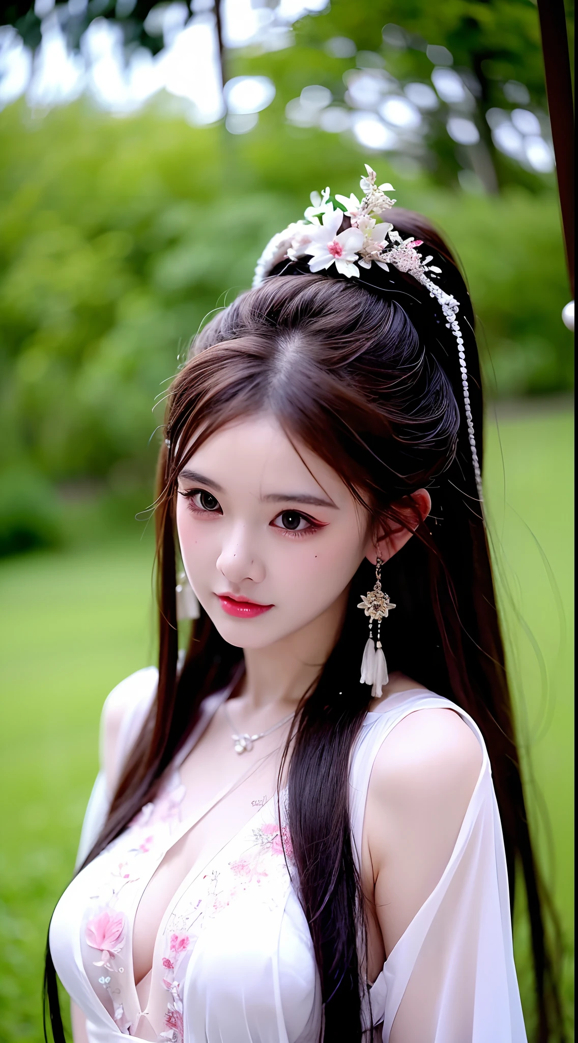 1 fille d&#39;une beauté réaliste, Cheveux jusqu&#39;à la taille, Yeux noirs, ancient Ao Dai, Style Hanfu, portant une fine chemise en soie de la Chine ancienne, Peau rose et blanche lisse, porter un style ancien discret ao dai, apparaît les épaules et la tête sur la photo,joli petit visage, poches sous les yeux sous un maquillage mouillé, Lèvres rouges charnues, moue, bouche fermée, gêné, petit maquillage du visage détaillé et très beau, Les seins sont super ronds et serrés, Augmentation mammaire, blum , Couvrez la poitrine de la fille avec une camisole à l&#39;intérieur, rougir, de face, porter des boucles d&#39;oreilles, colliers, d&#39;en haut, regarder le spectateur, les yeux levés, tout le corps, chef-d&#39;œuvre, qualité supérieure, Meilleure qualité, art officiel, unité 8k fond d&#39;écran, haute résolution, ultra haute résolution, ultra-détaillé, (Photoréaliste:1.2), seul, seulement, seulement 1 fille, Style Hanfu Dunhuang, 10x pixels, super réaliste, ultra haute qualité, tout le corps view of the girl, Haut du corps,