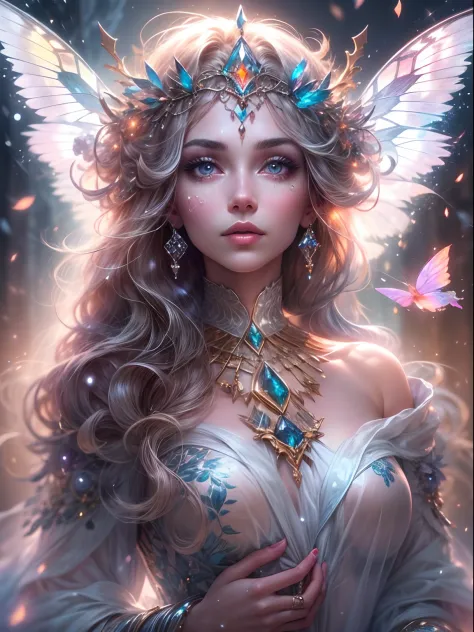 Generate a pretty and realistic fantasy artwork with bold jewel-toned hues, pretty glitter and shimmer, and lots of snowflakes. Generate a luminous and petite woman with curly hair, metallic hair, and realistically textured hair. Her skin is pure white and...