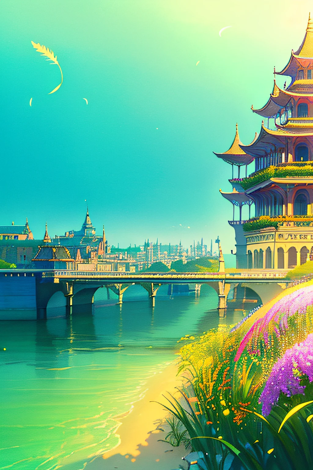 (extremely detailed CG unity 8k wallpaper),(((masterpiece))), (((best quality))), ((ultra-detailed)), (best illustration),(best shadow), ((an extremely delicate and beautiful)),dynamic angle,floating, fairyland,dynamic angle,sea of flowers,beautiful detailed garden,wind,classic,spring, (detailed light),feather, nature, (sunlight), river, forest,(((floating palace))),((the best building)),beautiful and delicate water,(painting),(sketch),(bloom),(shine)