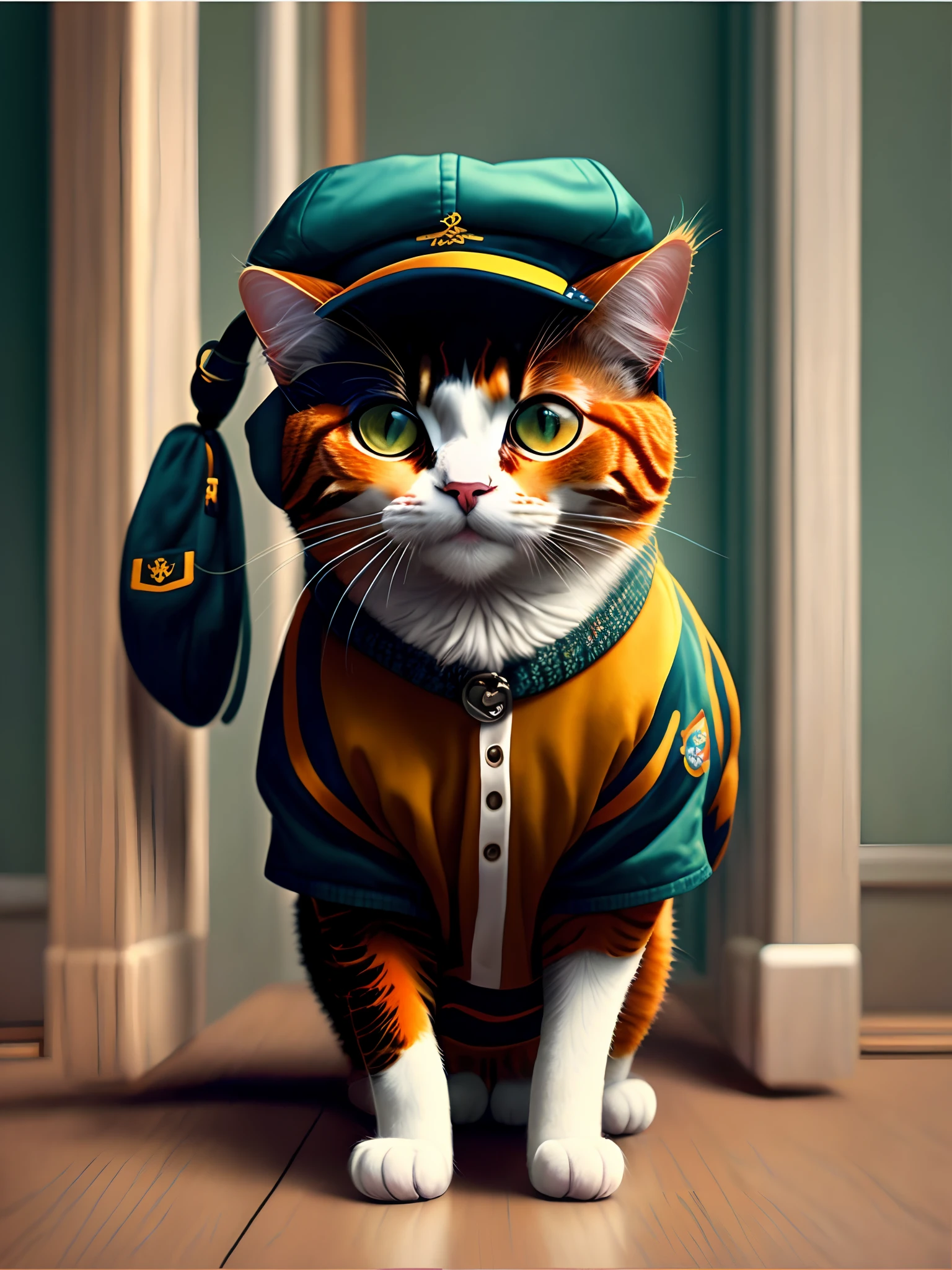 a painting of a cat wearing a cap and watch, trending on art station, vestido com roupas estilosas, detailed hyper-realistic rendering, membro de um grupo de hip hop, estilo de rua, pose intimidadora em pe como um humano, planeta dos gatos, roupas da moda, musico urbano, miau , Norwegian features, em meio as arvores, sem fundo, para uma estampa de camisa