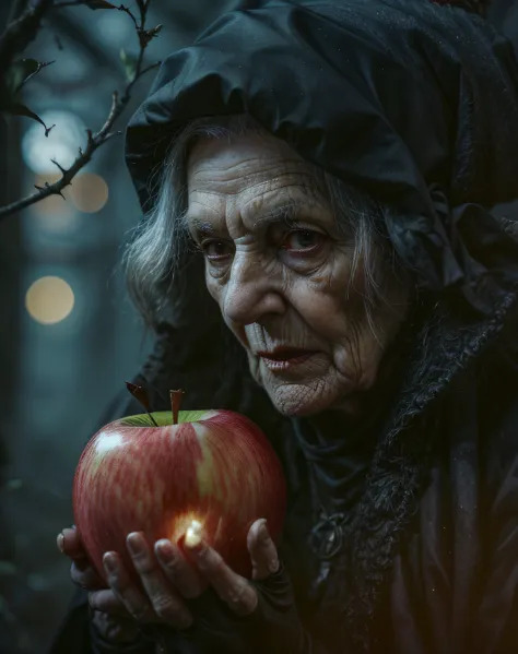 portrait of a very old woman presenting a (((perfect red apple))) with one hand,, witch woman, granny, grim looking, by tomasz j...