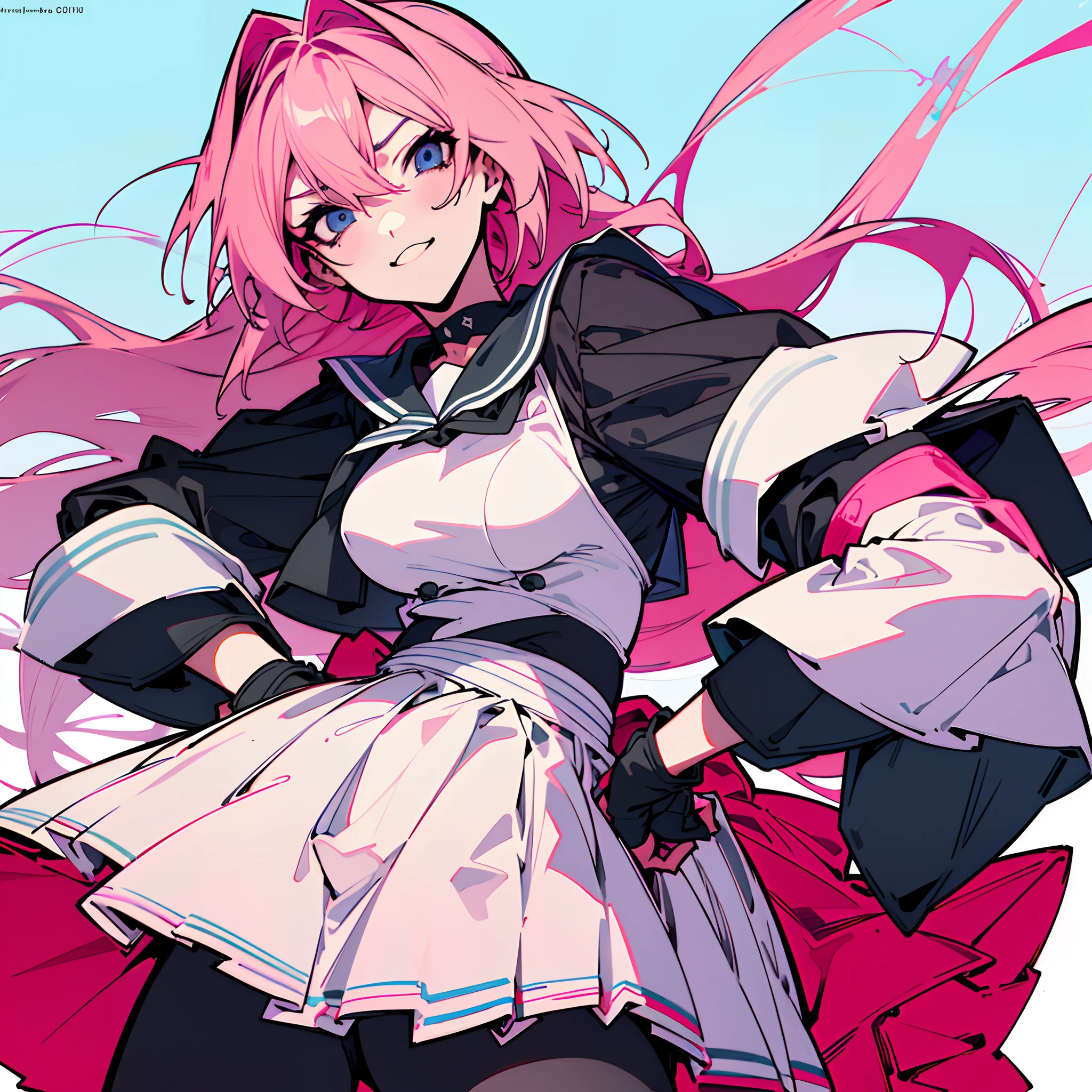 (High resolution), (in 8K), (Extreme Detail), (Best Illustration), (beautiful detail), (Best Quality), (masuter piece), ( Detailed face),astolfo、Light pink hair、The long-haired、blue eyess、a black ribbon、Black tights、White pleated skirt((Raking up your hair、One hand is on his hip)) (a sailor suit)) (Vicious look、Vulgar smile)、suggestive pose、Realistic fantasy rendering, Realistic anime girl rendering,  (Colossal tits 、thin-waist、Big buttocks) popular in CGSTATION, 4K,highlight in eyes