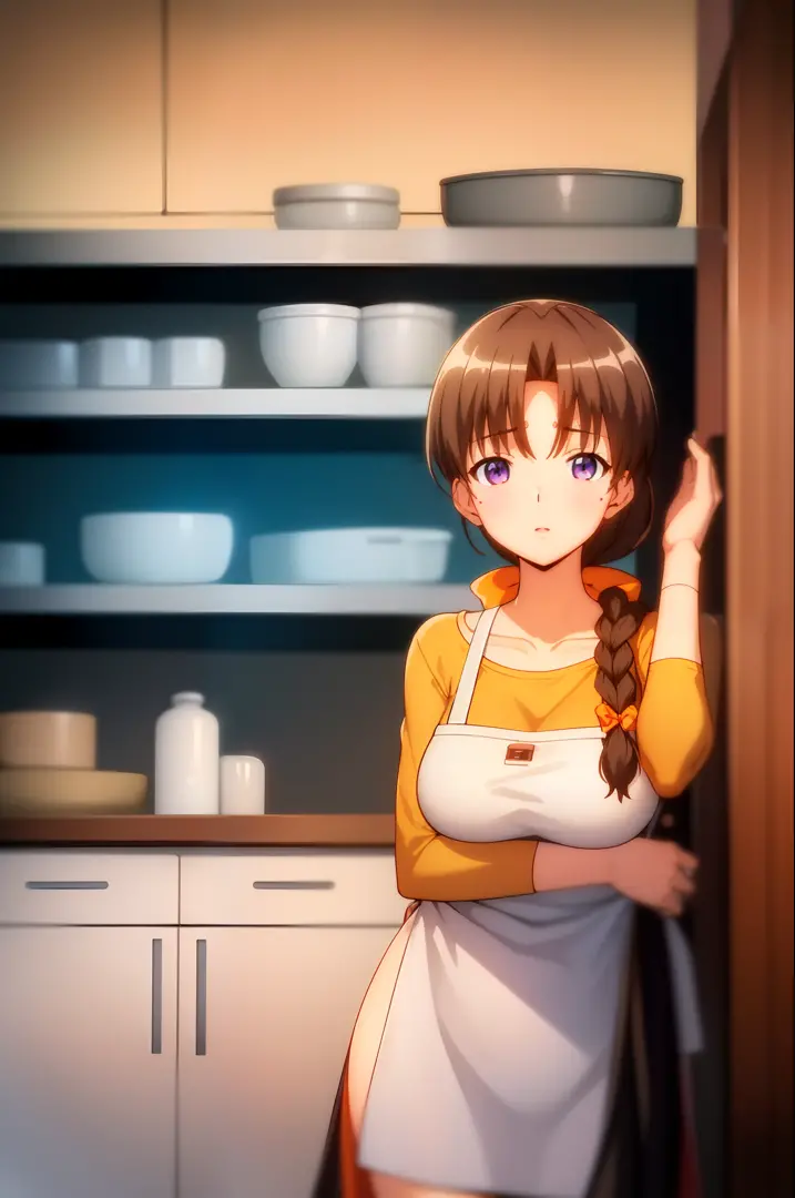 indoors, in a kitchen,
Standing on the floor,
apron, collarbone, (Yellow_shirt),
bangs, Brown Hair, Blue eyes,single braid, Oran...
