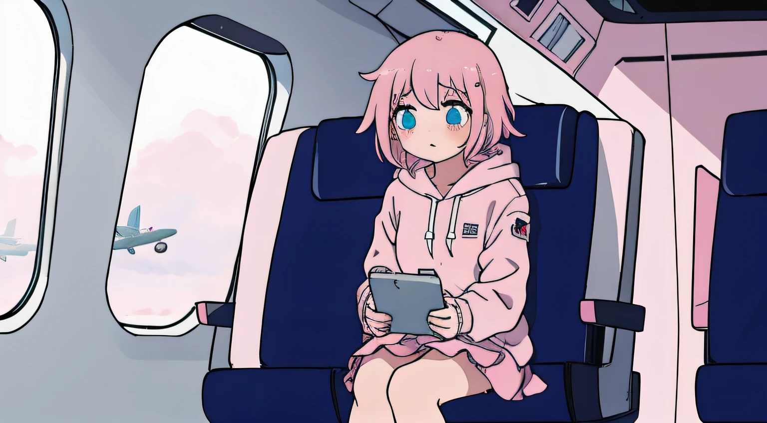 Anime girl sitting on a train with a tablet in her lap - SeaArt AI