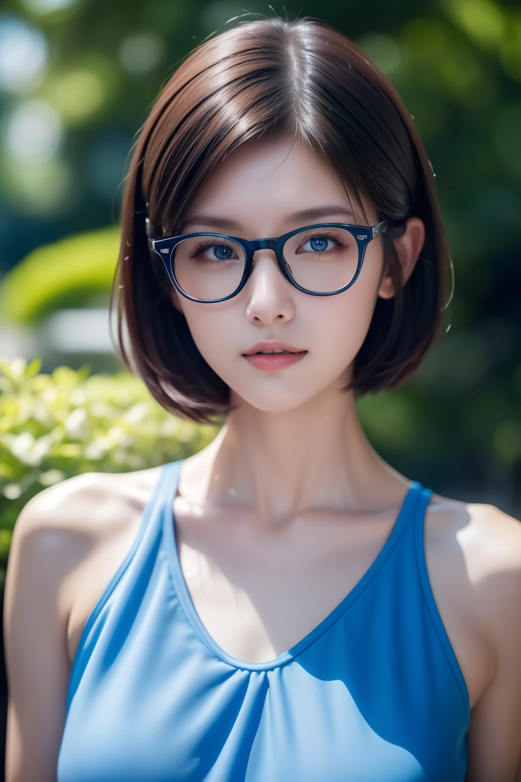 （A high resolution，high lighting，4K），blue rimmed glasses，Long face，1girll，the face，详细的the face，eBlue eyes，trpical garden，Very short hair，She has a butterfly on her head，close-up face，The sun at noon，huge tit)，looking at viewert，Close range - intensity，a blue dress，Keep one's mouth shut，