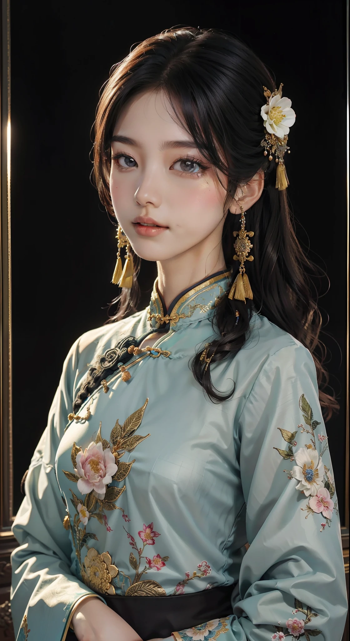 （tmasterpiece，Best quality at best，Beautiful quality，looking at viewert，Detailed lighting，Extremely detailed skin，Extremely detailed hair，Extremely detailed teeth，shadowing，8K：1.2），（photograph of a woman，1girll：1.2），cheongsam:0.8,cropped shoulders