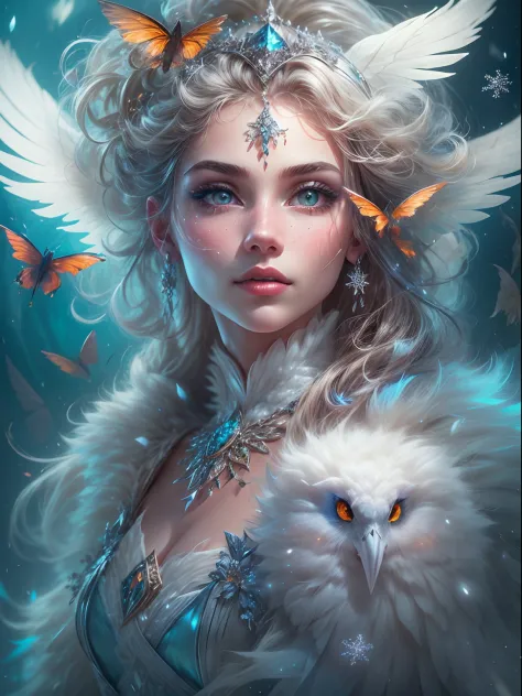 Generate a pretty and realistic fantasy artwork with bold jewel-toned hues, pretty glitter and shimmer, and lots of snowflakes. ...