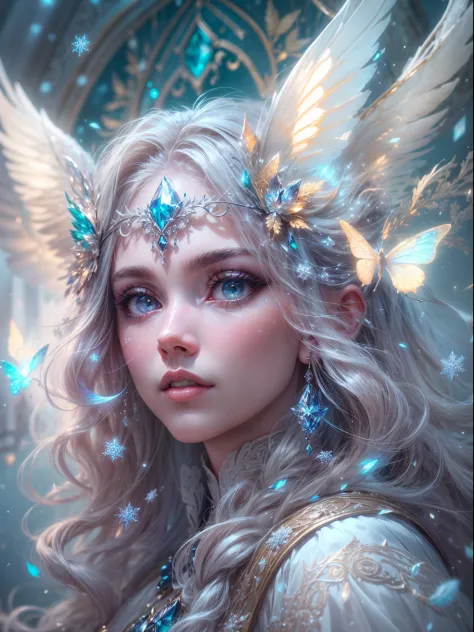 Generate a pretty and realistic fantasy artwork with bold jewel-toned hues, pretty glitter and shimmer, and lots of snowflakes. ...
