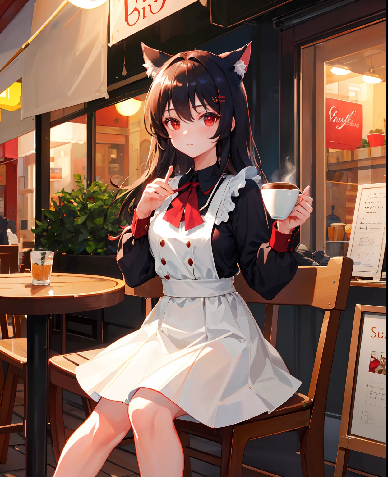 (masterpiece), (best quality), (intricate_details:1.1), (finely detailed:1.4), (distinct_image:1.2), (cafe background), solo girl, cute, (face focus), shiny red eyes/black hair, cat ears, smooth lighting, black shirt, [skirt],