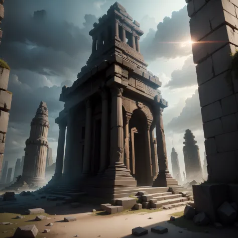 Old Rocky Temple Scenery Falling to Pieces, dark, temple of the monsters, fechado, com "adoradores ajoelhado", in the background an altar with backlighting, Unreal Engine 5 4 K UHD imagem, Unreal motor 4