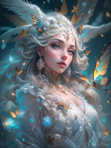 Generate a pretty and realistic fantasy artwork with bold jewel-toned hues, pretty glitter and shimmer, and lots of snowflakes. Generate a luminous and petite woman with curly hair, metallic hair, and realistically textured hair. Her skin is pure white and...