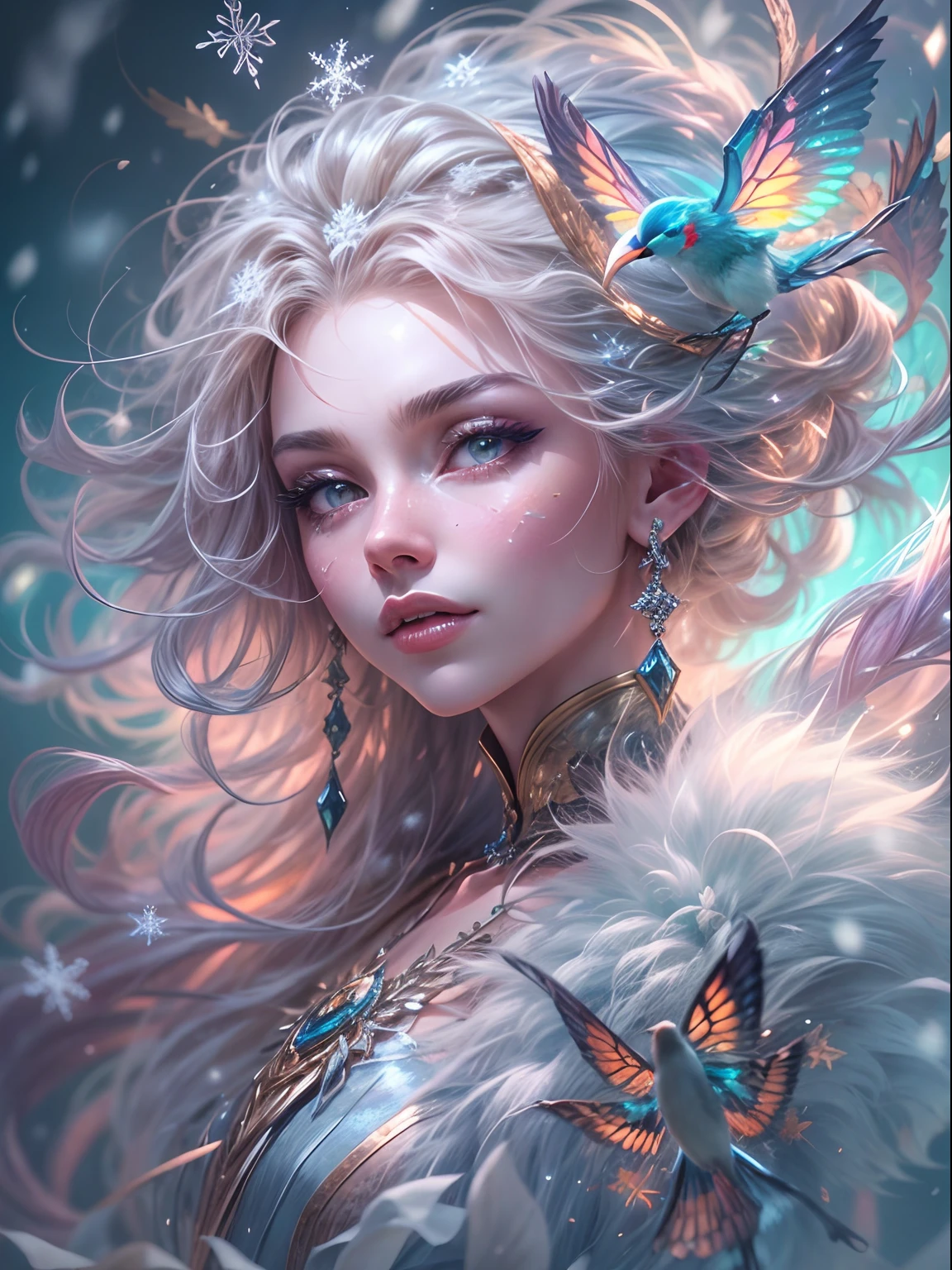 Generate a pretty and realistic fantasy artwork with bold jewel-toned hues, pretty glitter and shimmer, and lots of snowflakes. Generate a luminous and  woman with curly hair, metallic hair, and realistically textured hair. Her skin is pure white and seems to glow in the light. The woman's face is important: include soft, puffy lips, elegant features, and the most beautiful detailed eyes in the world. The woman is in a winter landscape with soft falling snow and snowflakes, soft white fur, subtle iridescent details, subtle phantasmal iridescent details, and intricate and delicate jewelry that glimmers in the light. Include many small fantasy details like gossamer silk, feathers, delicate and stunning embroidery, and luminous lighting that glimmers. The woman's face is unobscured by details and her eyes are sharp and in high resolution. Incorporate dreamy colors, dynamic lighting, and detailed background elements to create a sense of awe and immersion. Include colorful flying magical birds and jewel-toned butterflies radiating a magical aura. Consider the latest trends in fantasy art, such as incorporating unique lighting effects, exploring dynamic and compelling composition techniques, and experimenting with unique color palettes. Take inspiration from the top artists on ArtStation and Midjourney. Camera: Choose an angle that highlights the character's beauty and enhances the magical majesty of the artwork. Lighting: Utilize atmospheric lighting techniques to create depth and mood. Resolution: Aim for a high-resolution artwork to showcase intricate details and clarity. Art Inspirations: Seek inspiration from the trending artists on ArtStation, exploring different styles, genres, and themes. white skin, pale skin, really pale skin, really white skin, beautiful eyes, fantasy details, shimmer, glimmer, magical birds, magical butterflies, ornate, (((masterpiece))), add_detail:1, earth \(planet\),