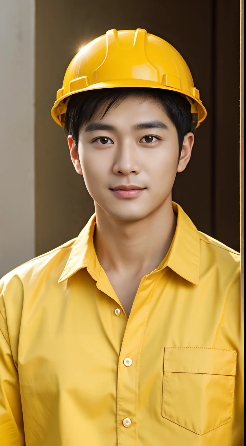 Asian male renovation worker, A resolute face, Bronzed skin, The eyes are bright and luminous, Wear a yellow hard hat, Wear white half-sleeves，Photorealistic feeling, Masterpiece, hyper HD, Textured skin,, Super detail, Best quality, High quality, A high resolution, 4K