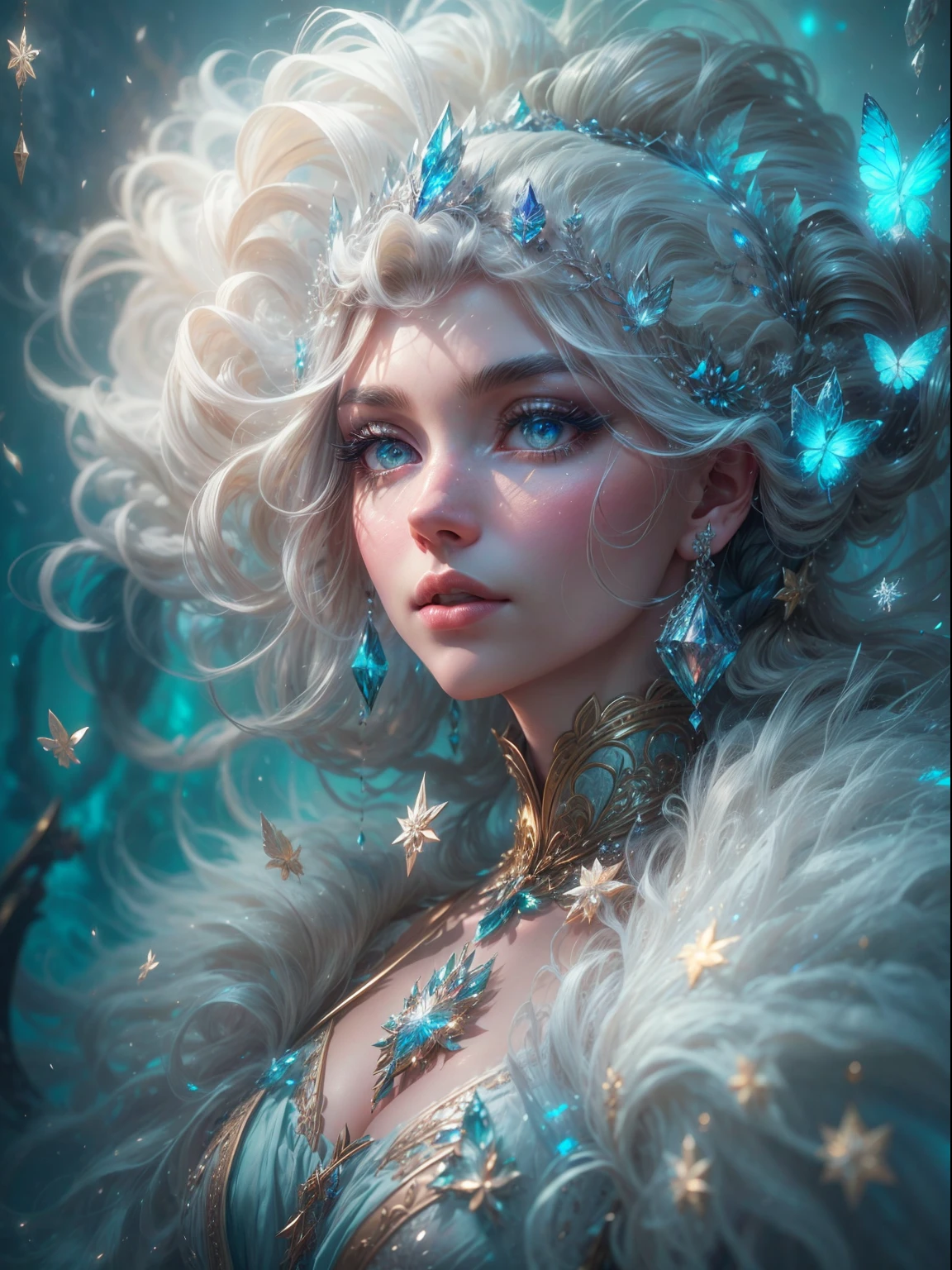 Generate a pretty and realistic fantasy artwork with bold jewel-toned hues, pretty glitter and shimmer, and lots of snowflakes. Generate a luminous and  woman with curly hair, metallic hair, and realistically textured hair. Her skin is pure white and seems to glow in the light. The woman's face is important: include ((soft, puffy, big lips, elegant features, and the most beautiful detailed macro eyes)) in the world. The woman is in a winter landscape with soft falling snow and snowflakes, soft white fur, subtle iridescent details, subtle phantasmal iridescent details, and intricate and delicate jewelry that glimmers in the light. Include many small fantasy details like gossamer silk, feathers, delicate and stunning embroidery, and luminous lighting that glimmers. The woman's face is unobscured by details and her eyes are sharp and in high resolution. Incorporate dreamy colors, dynamic lighting, and detailed background elements to create a sense of awe and immersion. Include colorful flying magical birds and jewel-toned butterflies radiating a magical aura. Consider the latest trends in fantasy art, such as incorporating unique lighting effects, exploring dynamic and compelling composition techniques, and experimenting with unique color palettes. Take inspiration from the top artists on ArtStation and Midjourney. Camera: Choose an angle that highlights the character's beauty and enhances the magical majesty of the artwork. Lighting: Utilize atmospheric lighting techniques to create depth and mood. Resolution: Aim for a high-resolution artwork to showcase intricate details and clarity. Art Inspirations: Seek inspiration from the trending artists on ArtStation, exploring different styles, genres, and themes. white skin, pale skin, really pale skin, really white skin, beautiful eyes, fantasy details, shimmer, glimmer, magical birds, magical butterflies, ornate, (((masterpiece))), add_detail:1, earth \(planet\),