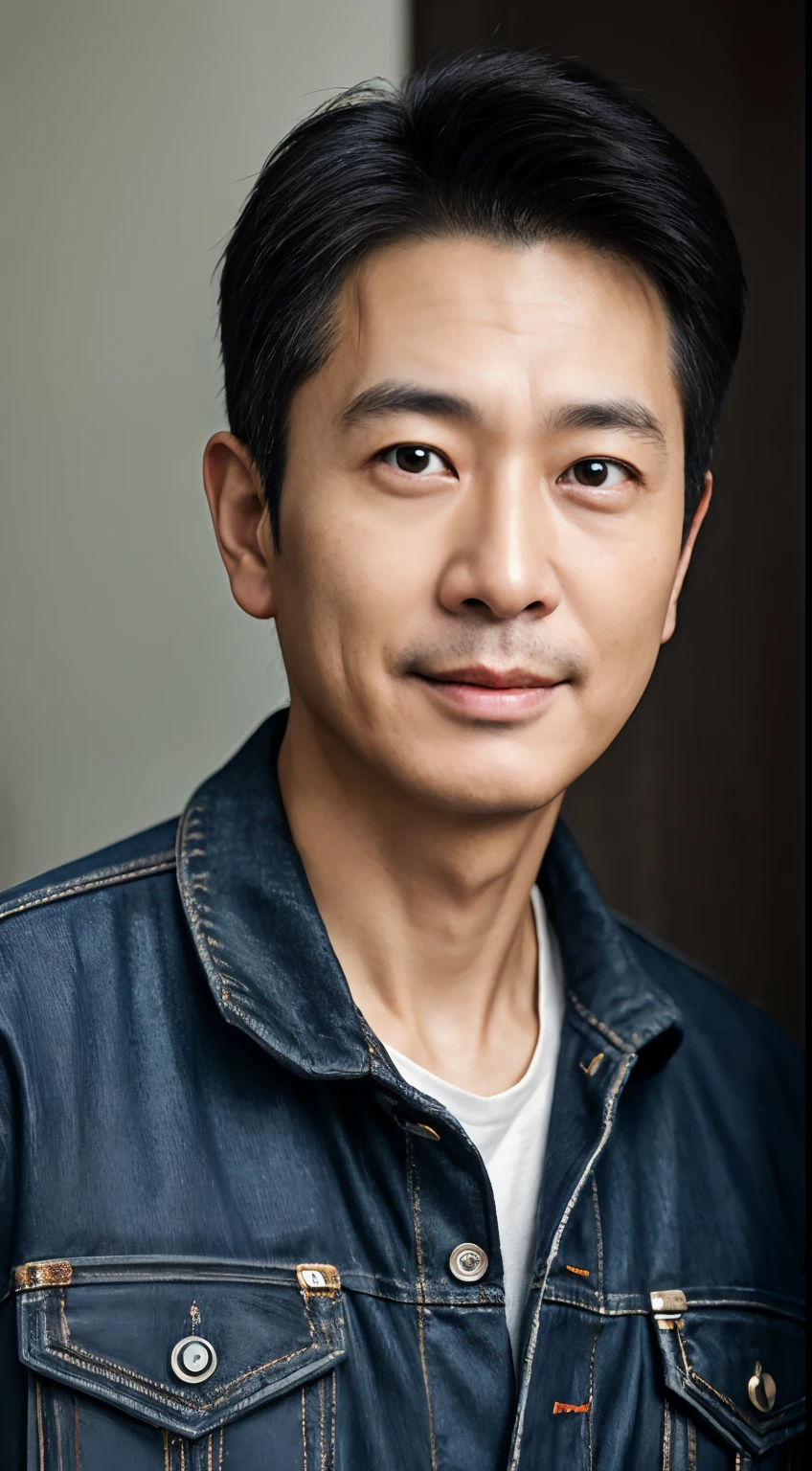 50 years old Asian male renovation worker, A resolute face, Bronzed skin, short mustache，The eyes are bright and luminous, wearing overalls，Photorealistic feeling, Masterpiece, hyper HD, Textured skin,, Super detail, Best quality, High quality, A high resolution, 4K