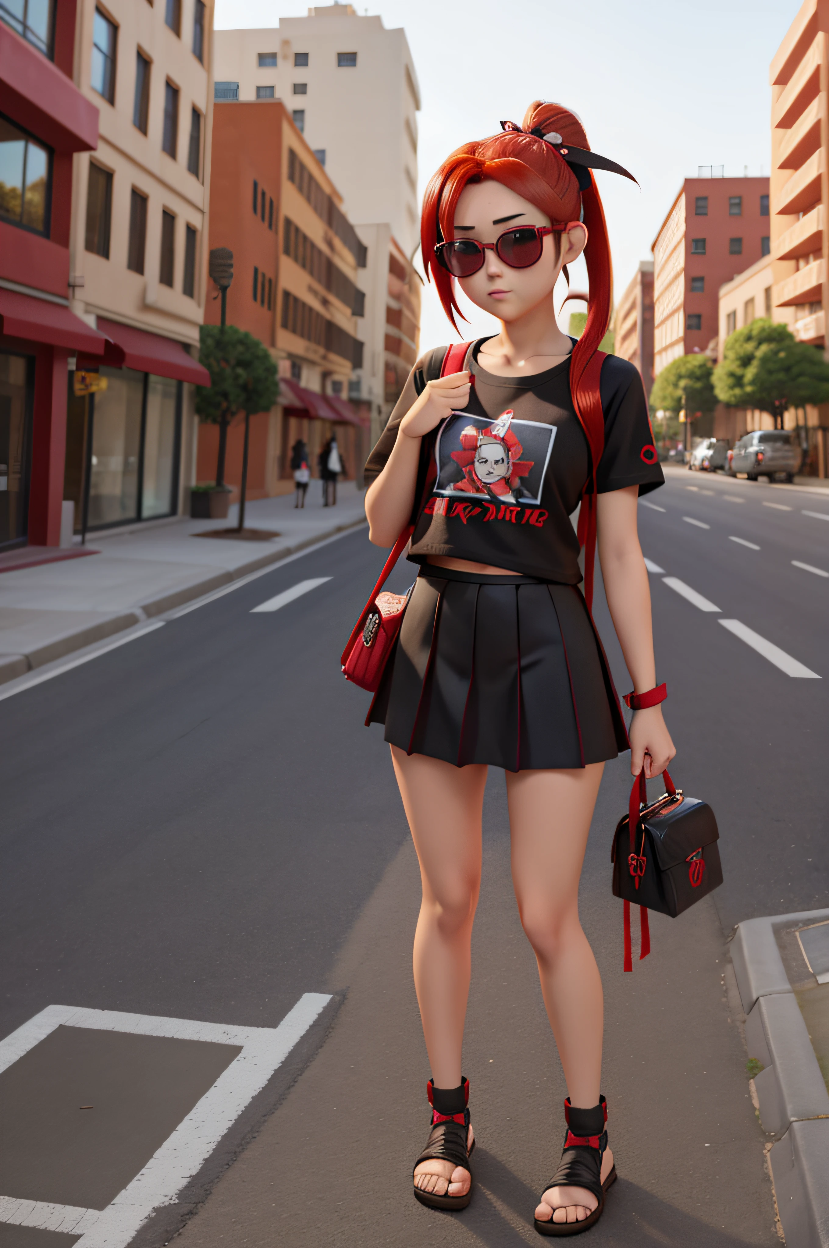 1 girl, 20 years old, red hair tied up, naruto akatsuki shirt, black mini skirt, colored ribbon in her hair, sunglasses, city