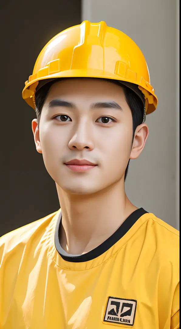 30 years old asian male renovation worker, a resolute face, bronzed skin, the eyes are bright and luminous, wear a yellow hard h...