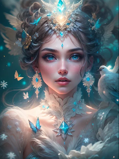 Generate a pretty and realistic fantasy artwork with bold jewel-toned hues, pretty glitter and shimmer, and lots of snowflakes. ...