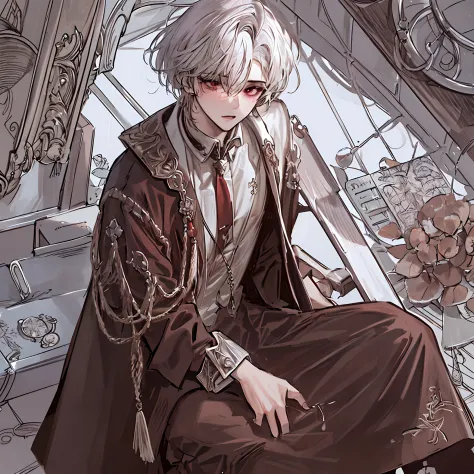 (absurdres, highres, ultra detailed),(Masterpiece, best quality:1.2),1boy,close up shot,short hair,white hair,hair covering right hair, looking towards viewer, extremely detailed eyes,purplish red eyes, handsome