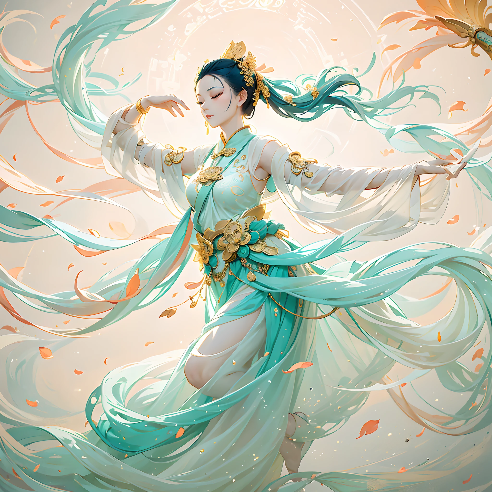 Dunhuang style, Dancing in the sky, Ancient Chinese beauties, silk Hanfu, Tulle ribbon, graceful dance movements, ink painting style, clean colors, decisive cutting, white space, freehand brushwork, Soft Lighting，Dreamy Glow， ( Bokeh)，masterpiece, super detailed, epic composition, highest quality, 4k，
